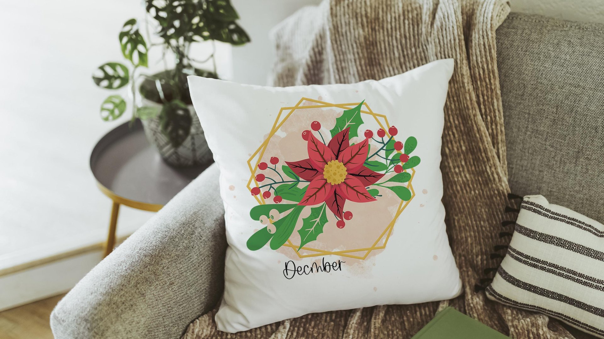 holly and berry Christmas throw pillows for sofa, December birth flower gift for her, December birthday gifts for women, red poinsettia hand