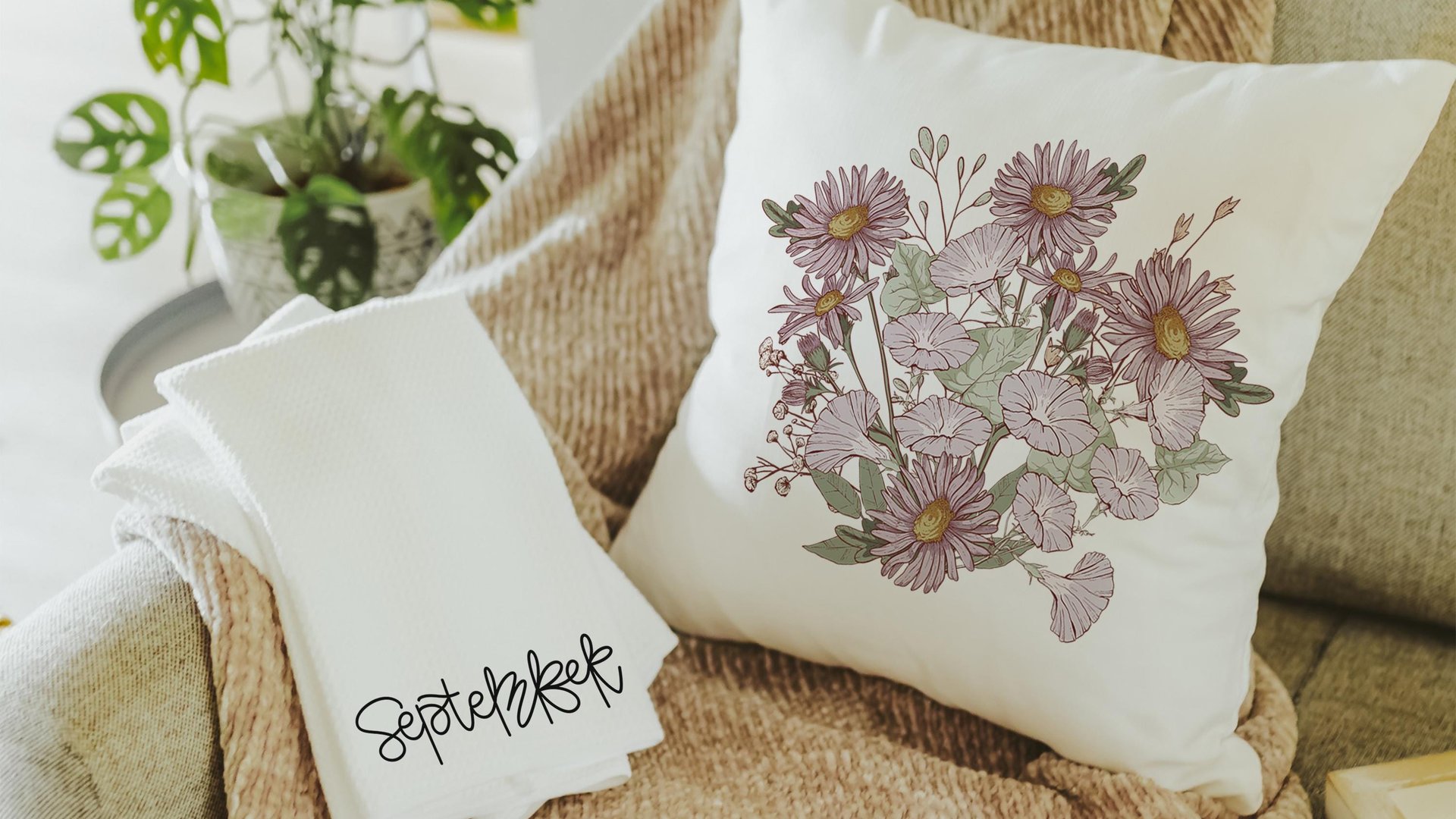 morning glory & aster flower throw pillows for bed, September birth flower gift for Mom, September birthday gifts for bff, kitchen towels