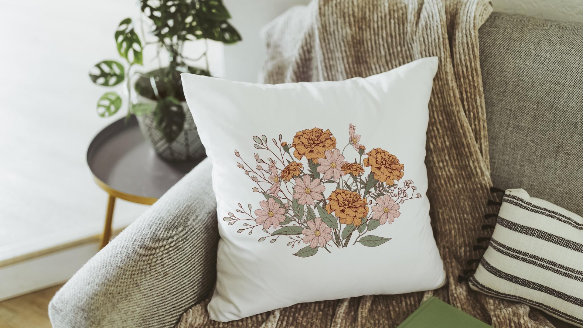 blush pink cosmos & orange marigold throw pillow for bed, October birthday kitchen towels, October birth month flower gifts for her, best