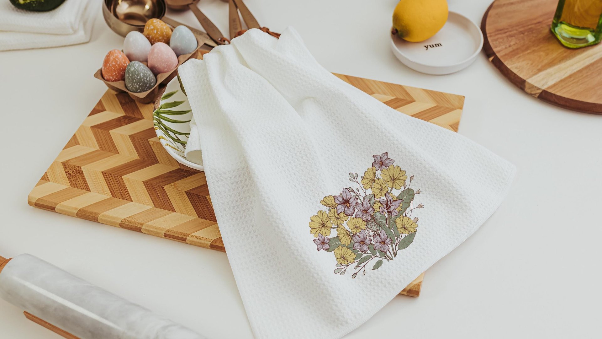 yellow primrose hand towels for cabin, February birth flower gift for friend birthday gifts for her, violet flower kitchen towels cottage