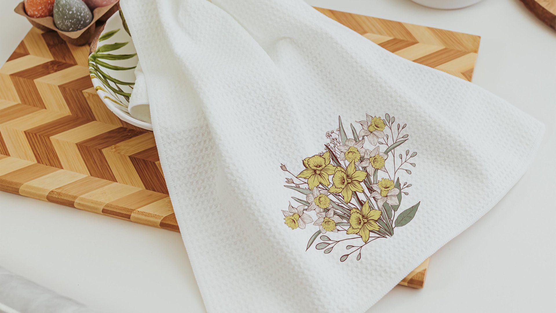 daffodil kitchen decor, floral hand towels for besties, March birth flower gift for friend birthday gifts for her, guest bathroom must haves