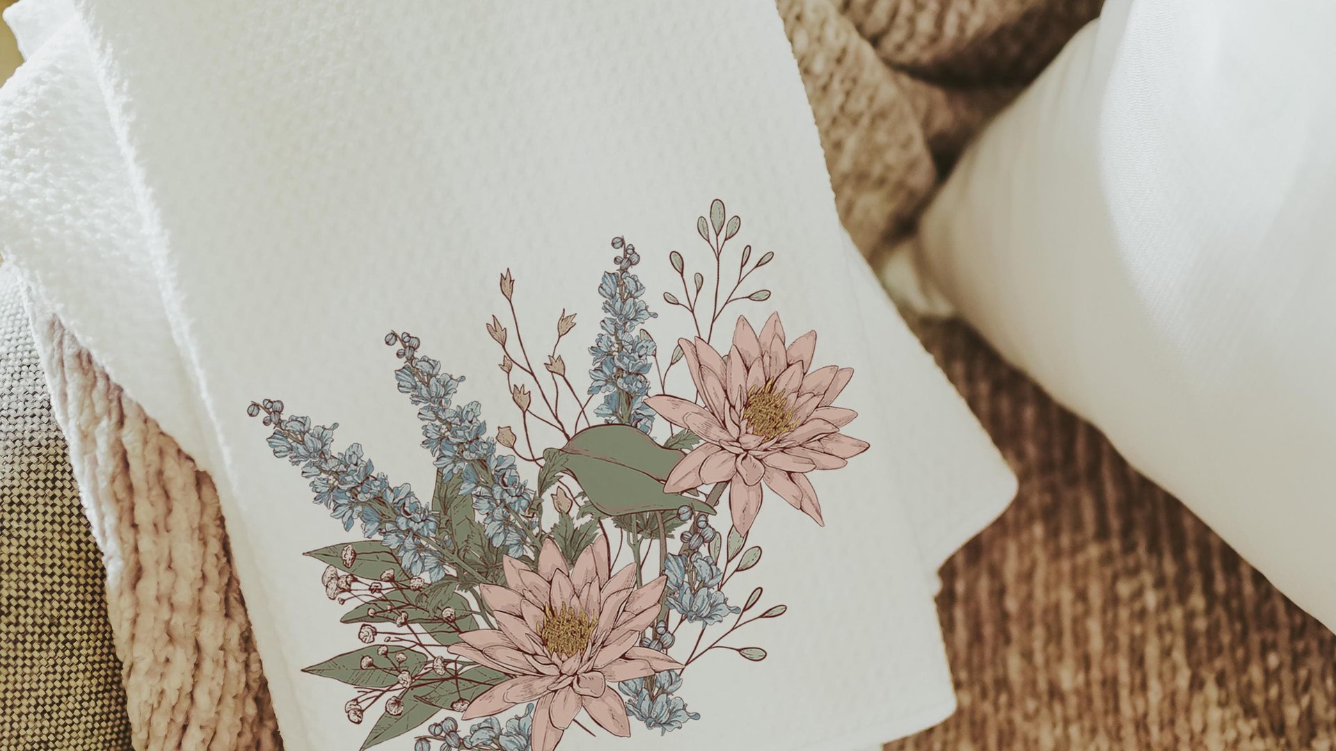 larkspur flower kitchen towels, July birth month flower gift for Mom, July birthday gifts for her, water lily bathroom hand towels for guest