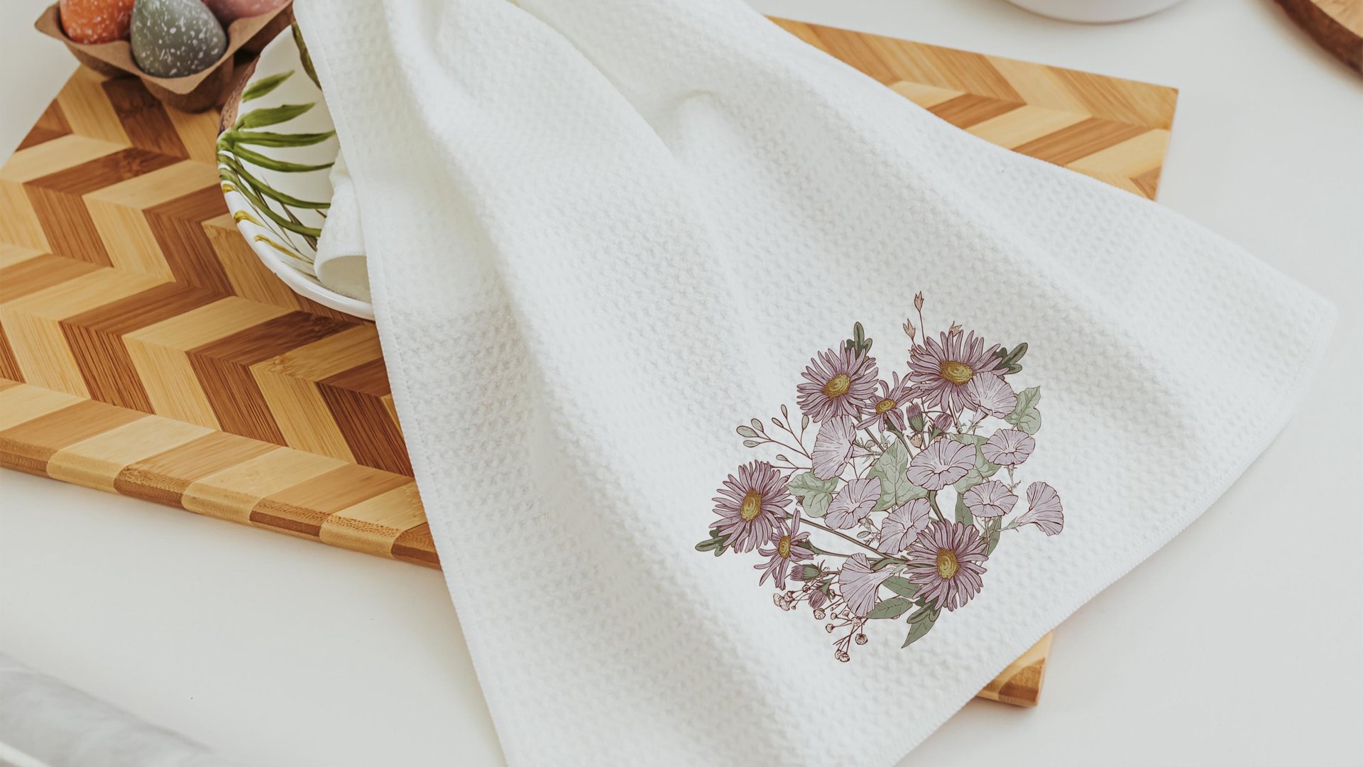 september birth flower morning glory flower kitchen towels, September birthday gift for her, purple aster muted floral bathroom hand towels