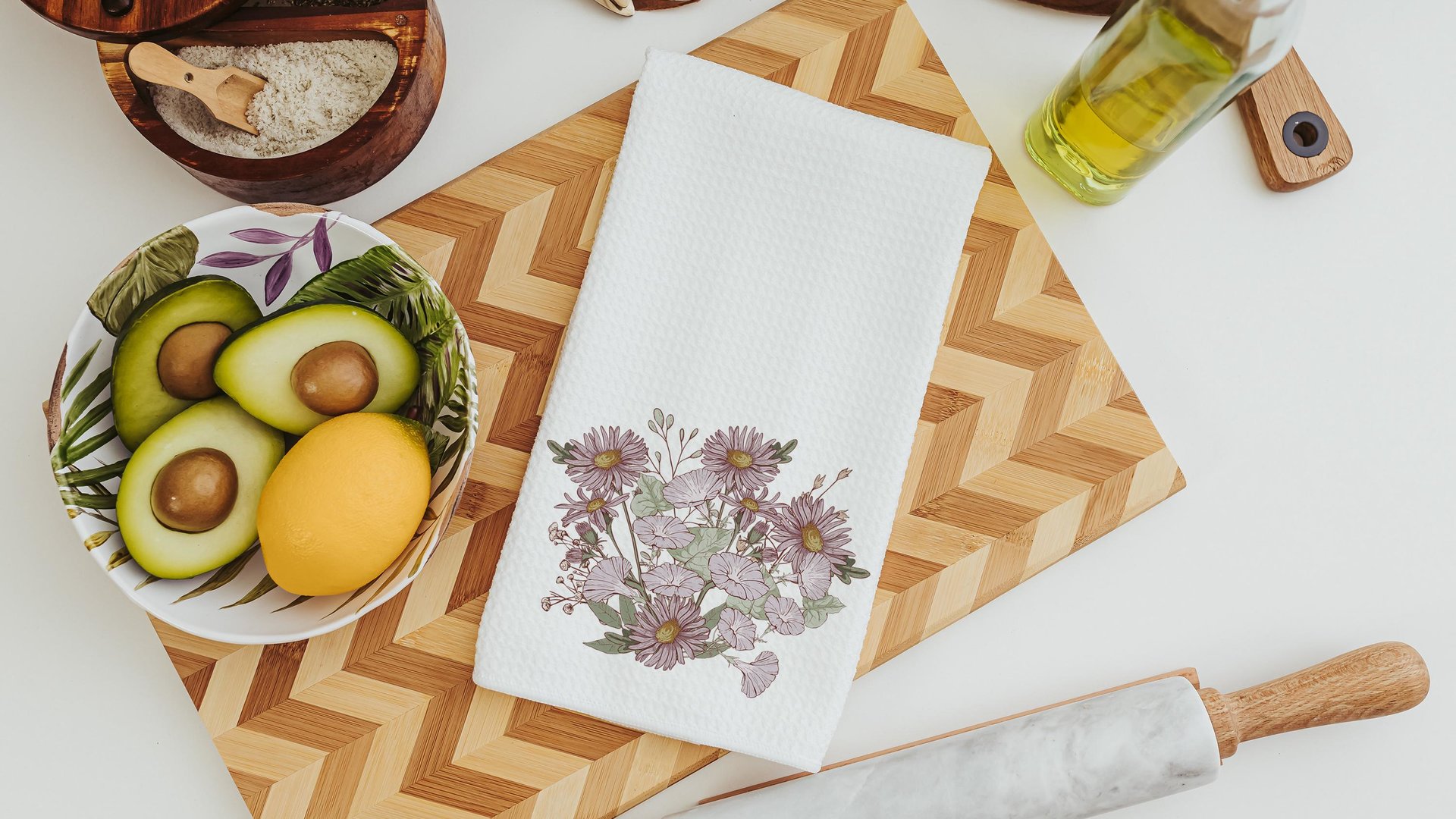 september birth flower morning glory flower kitchen towels, September birthday gift for her, purple aster muted floral bathroom hand towels