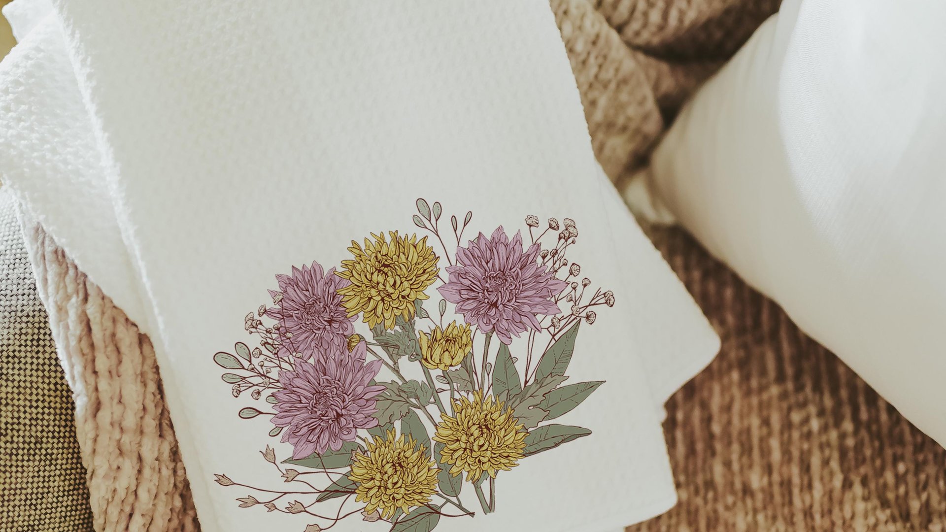 chrysanthemum kitchen towels, fall mums hand towels for powder room, November birth flower gifts for women, November birthday gifts for her