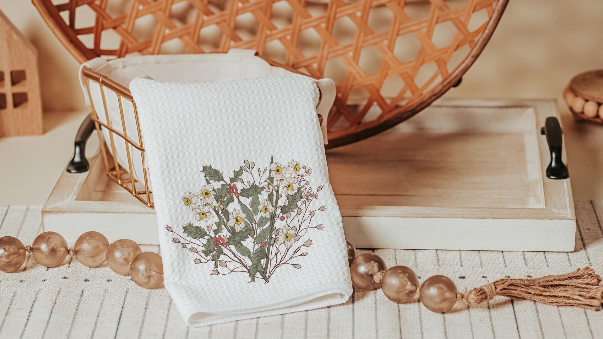 narcissus flower kitchen tea towels for bathroom, December birth flower gift for friend birthday gifts for her, Christmas housewarming gift