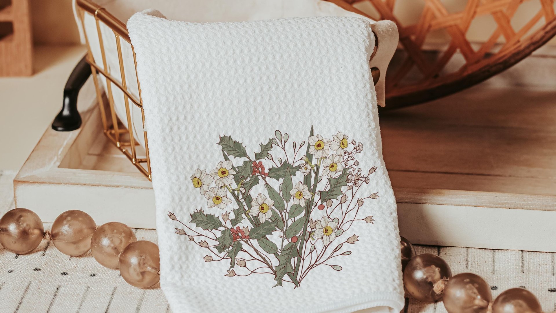 narcissus flower kitchen tea towels for bathroom, December birth flower gift for friend birthday gifts for her, Christmas housewarming gift