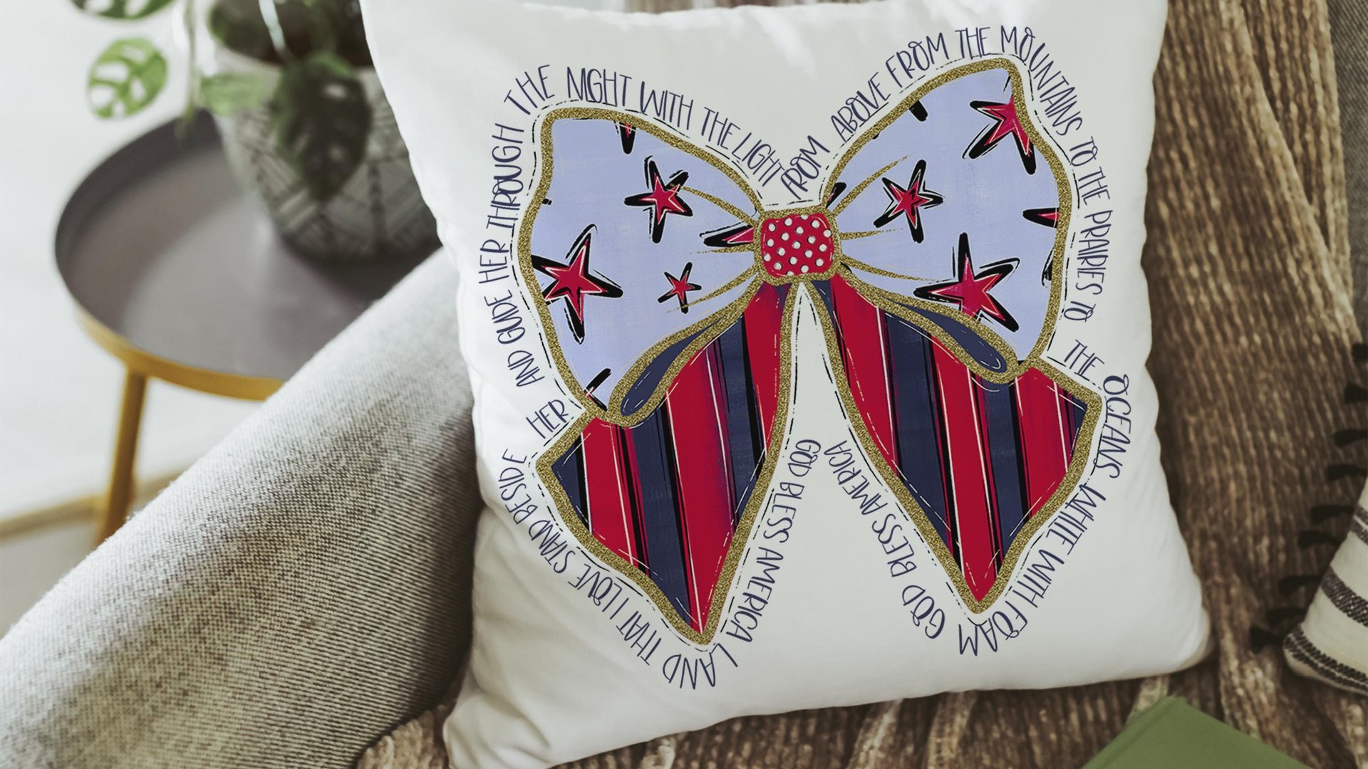 stars and stripes coquette kitchen towel for mom, God bless America 4th of July throw pillows for porch swing, patriotic gifts for women