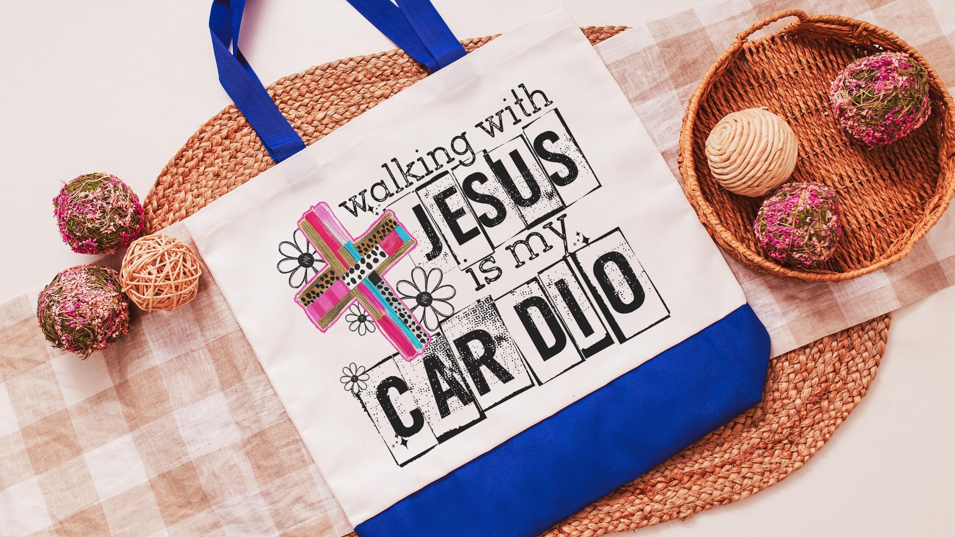 walking with Jesus Christian tote bags for women, religious Christmas gifts for godmother, walking with the Lord is my cardio faith based