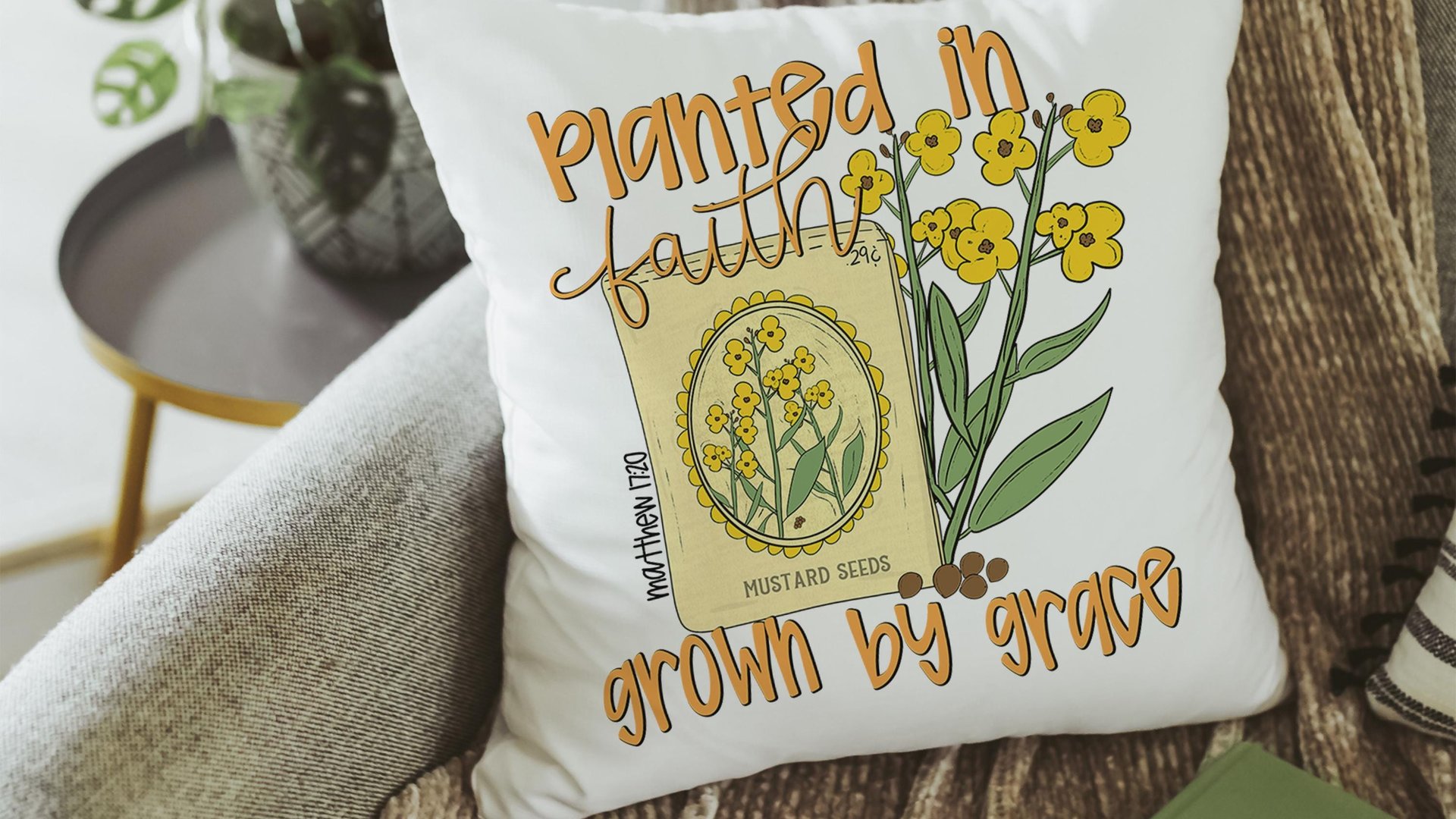 planted in faith Matthew 17:20 Bible verse throw pillows for couch religious hand towels for powder room, Christian Christmas gifts for
