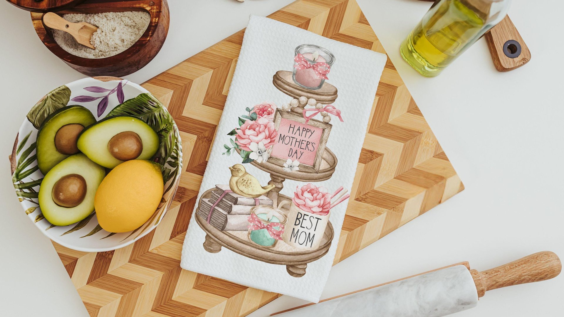 happy Mothers Day kitchen finds, blush pink kitchen towel for Mom, tier tray kitchen decor, best mom Mothers day gifts from kids, floral