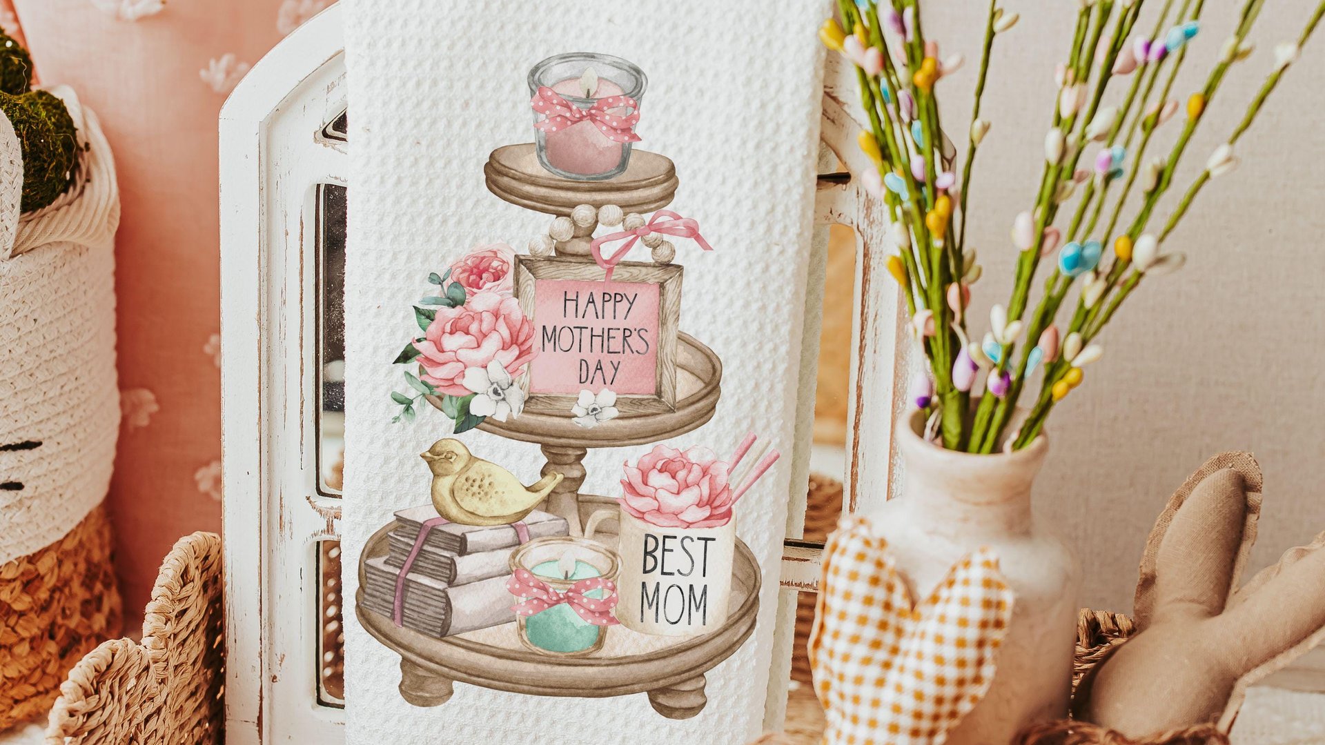 happy Mothers Day kitchen finds, blush pink kitchen towel for Mom, tier tray kitchen decor, best mom Mothers day gifts from kids, floral