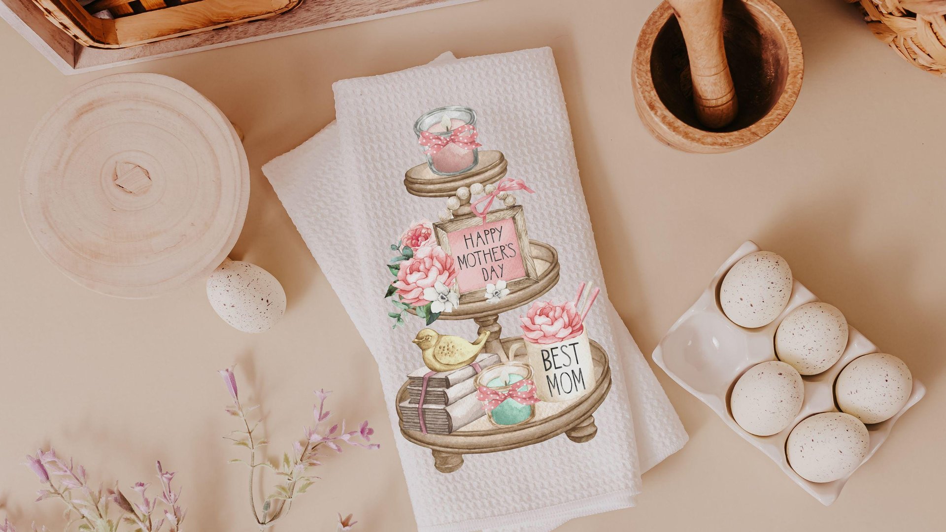 happy Mothers Day kitchen finds, blush pink kitchen towel for Mom, tier tray kitchen decor, best mom Mothers day gifts from kids, floral