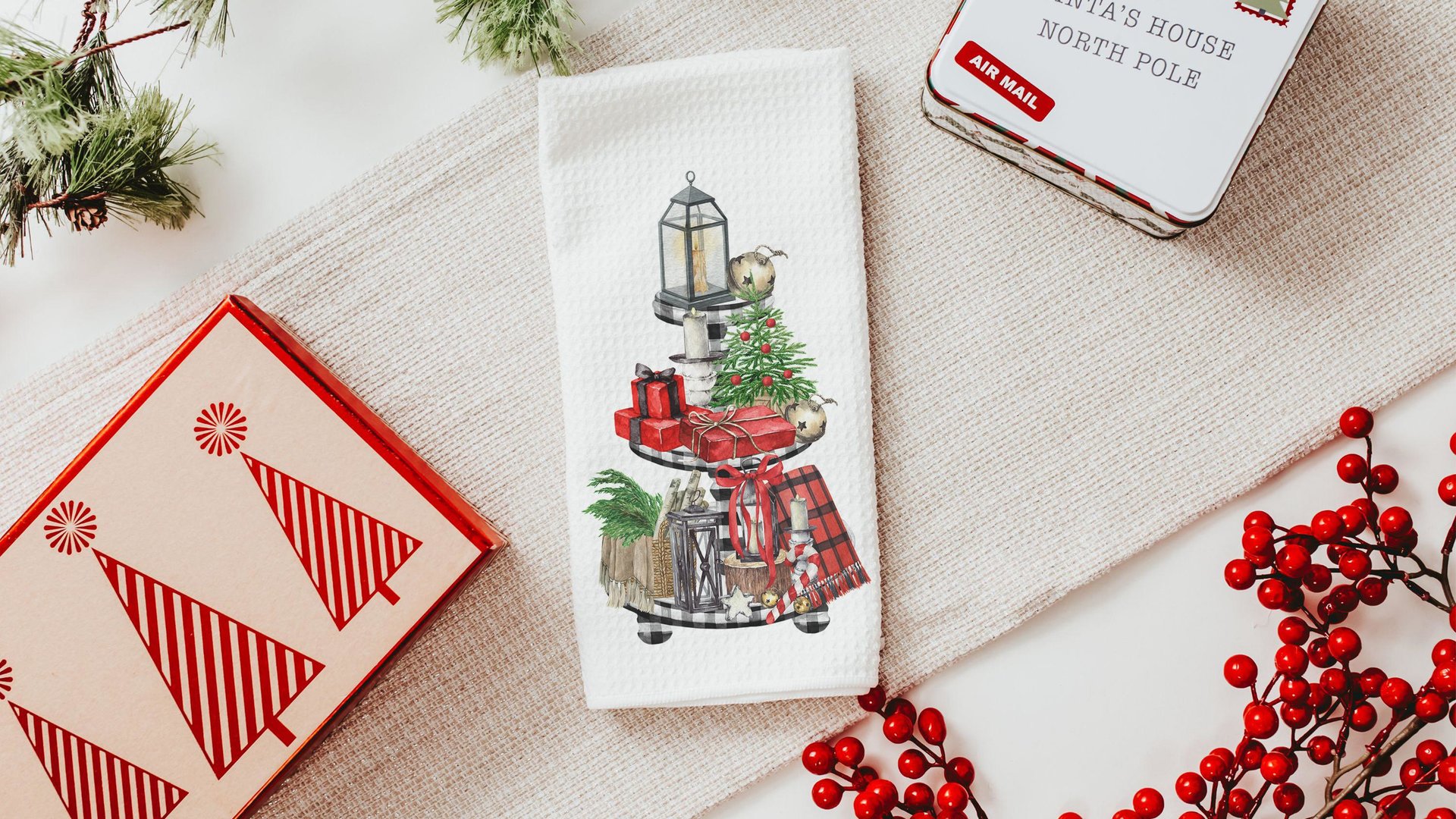 greenery Christmas kitchen towel for women, buffalo plaid Christmas hand towels for bathroom farmhouse Christmas gift for her, secret Santa