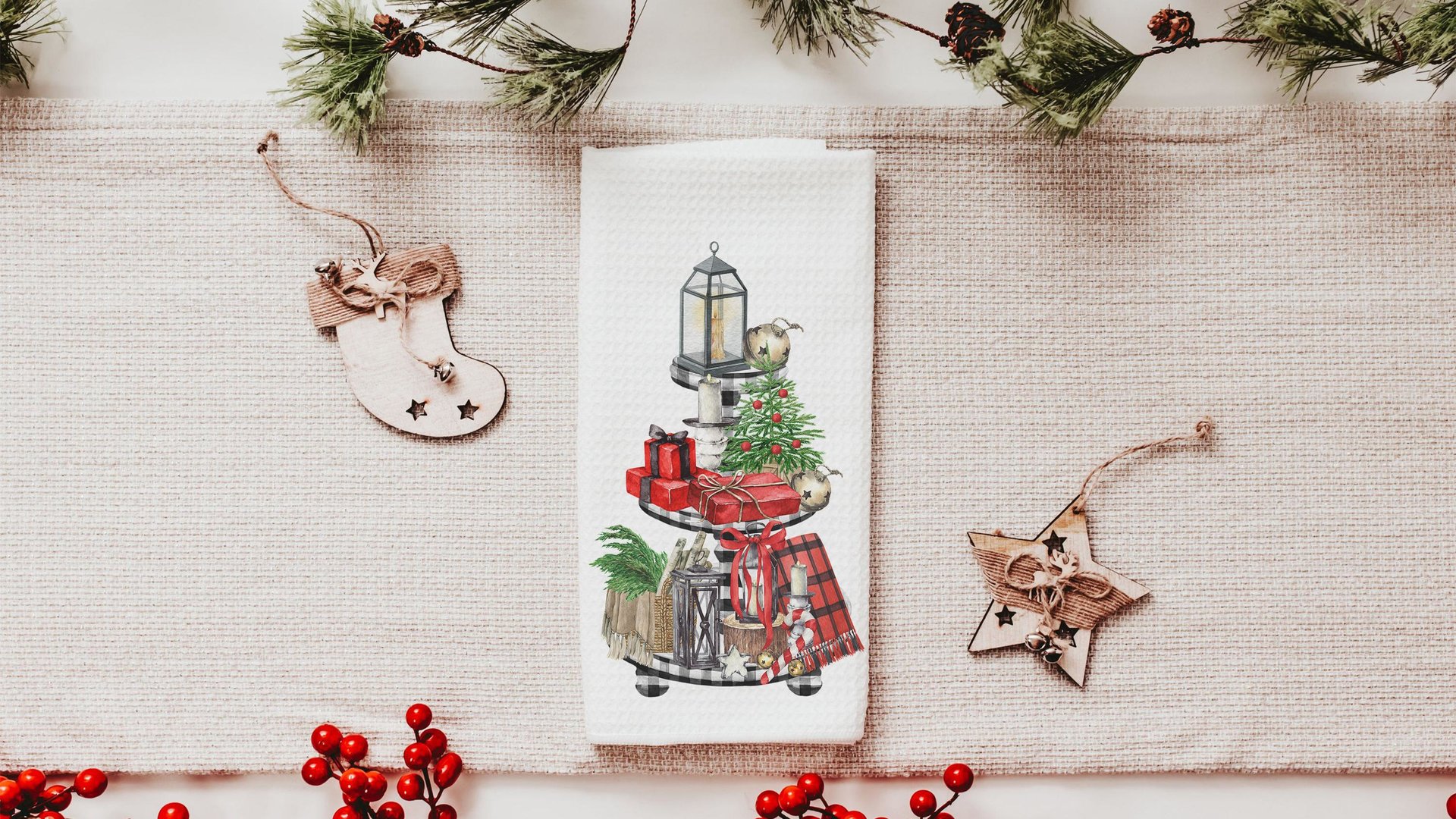 greenery Christmas kitchen towel for women, buffalo plaid Christmas hand towels for bathroom farmhouse Christmas gift for her, secret Santa