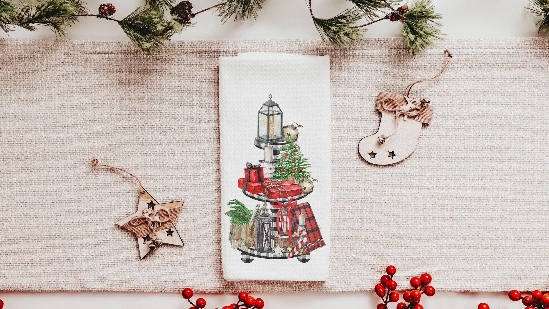 greenery Christmas kitchen towel for women, buffalo plaid Christmas hand towels for bathroom farmhouse Christmas gift for her, secret Santa