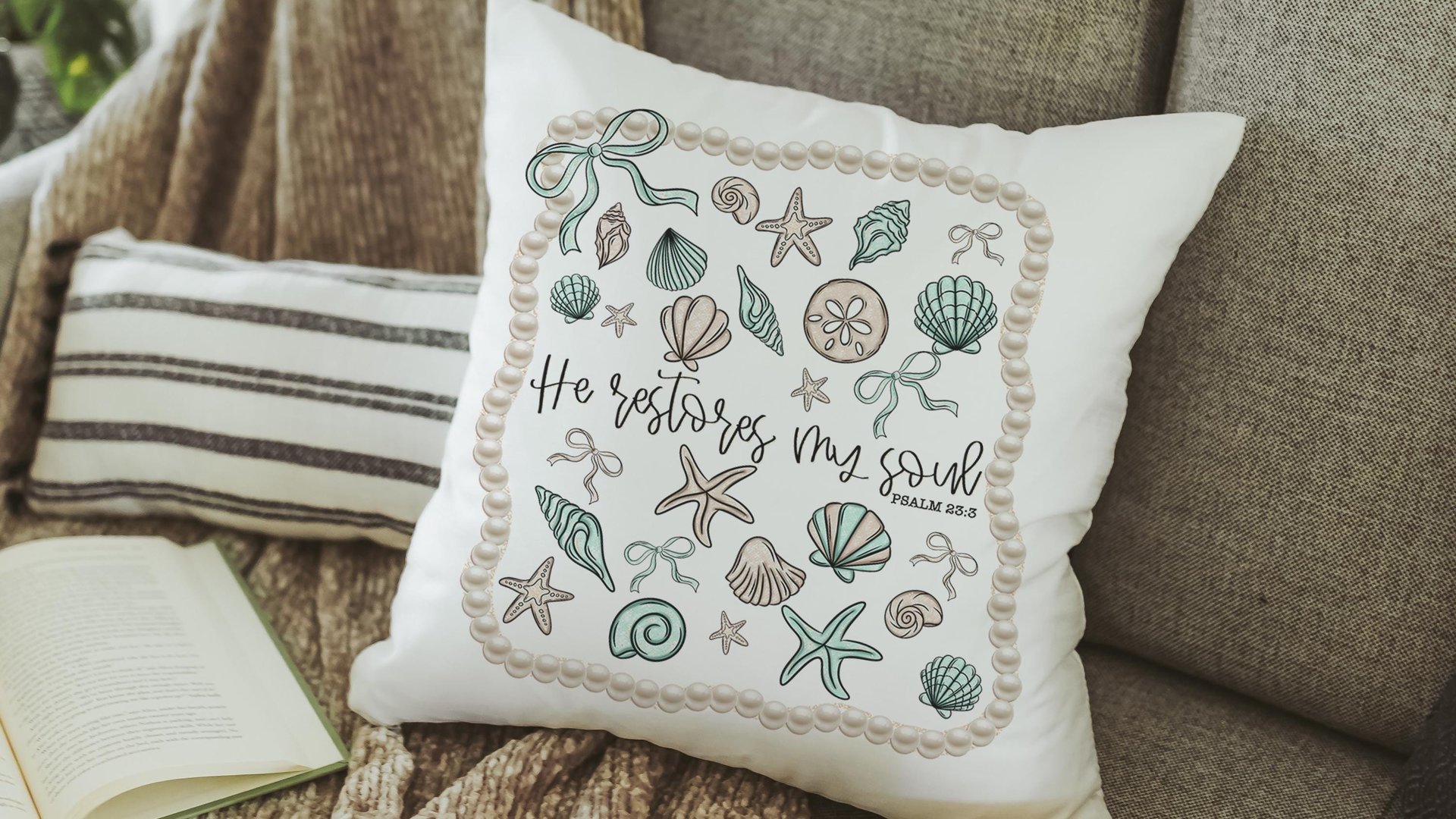 he restores my soul Psalm 23:3 Bible verse throw pillows for bed, Christian gifts for best friends, seashell coquette kitchen towels, beach