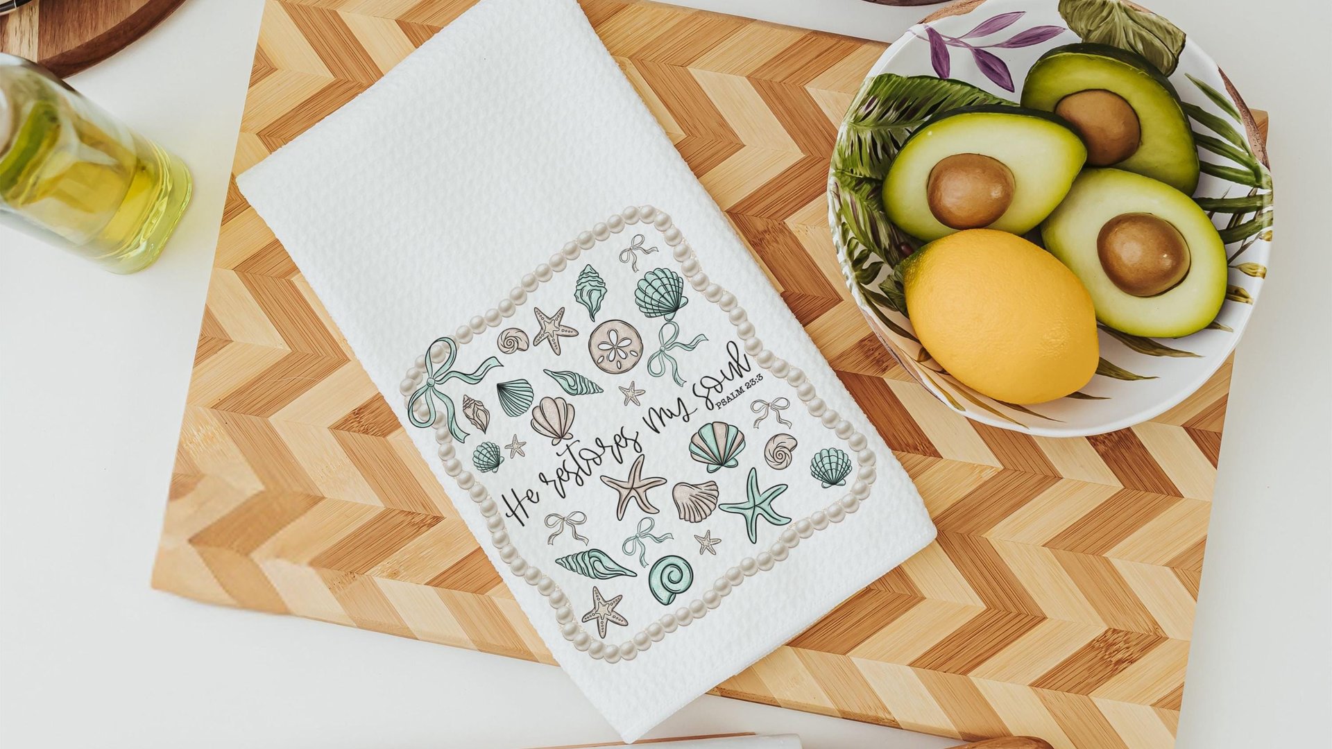 he restores my soul Psalm 23:3 Bible verse throw pillows for bed, Christian gifts for best friends, seashell coquette kitchen towels, beach