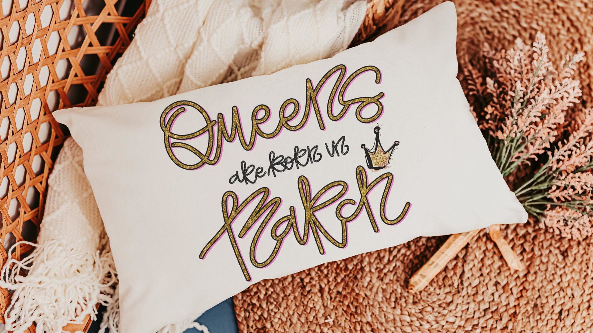 queens are born in March sassy throw pillows for bed, fun lumbar pillow cover 12x20, March birthday gifts for girls, college gifts for best