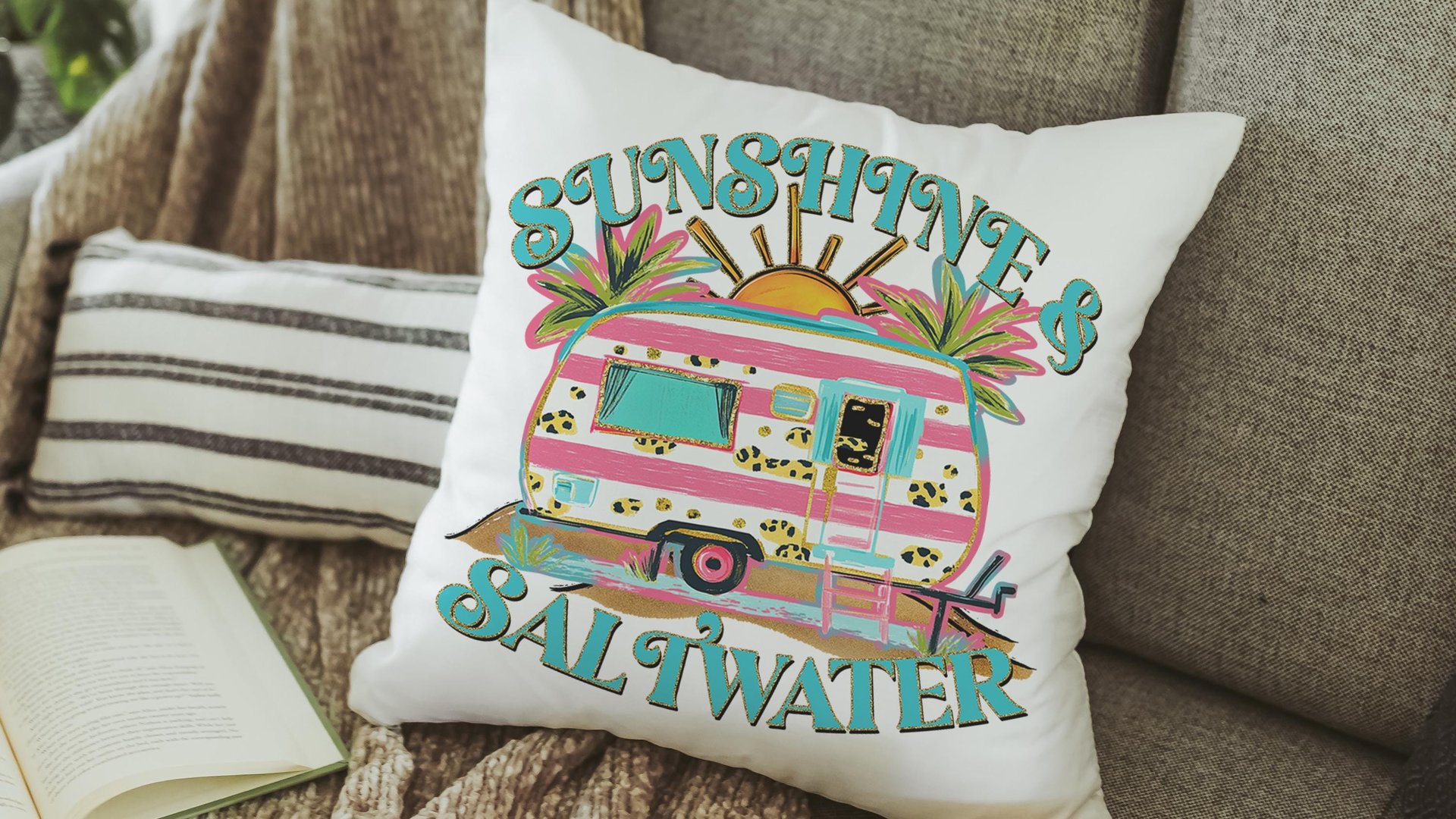 sunshine and saltwater summer throw pillow boho camper decor for RV life essentials gift, hippie kitchen towels for sister, beach house gift
