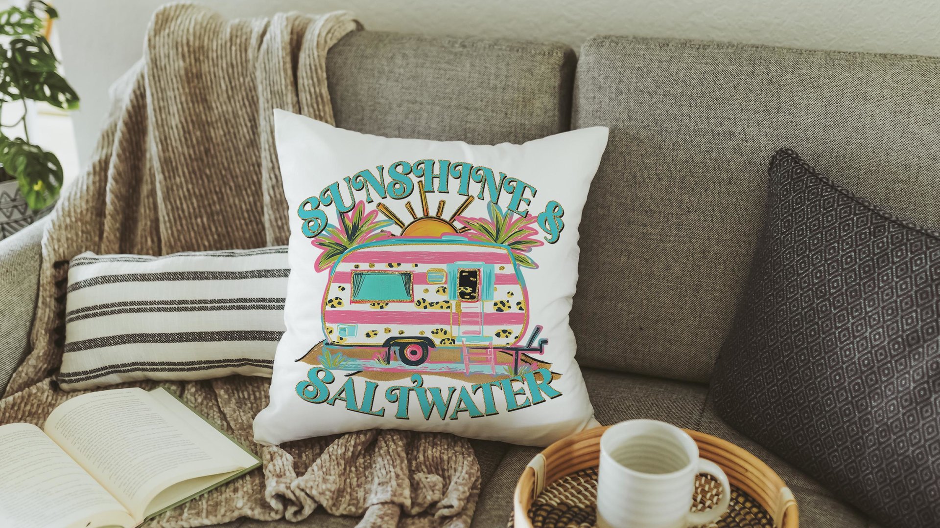 sunshine and saltwater summer throw pillow boho camper decor for RV life essentials gift, hippie kitchen towels for sister, beach house gift