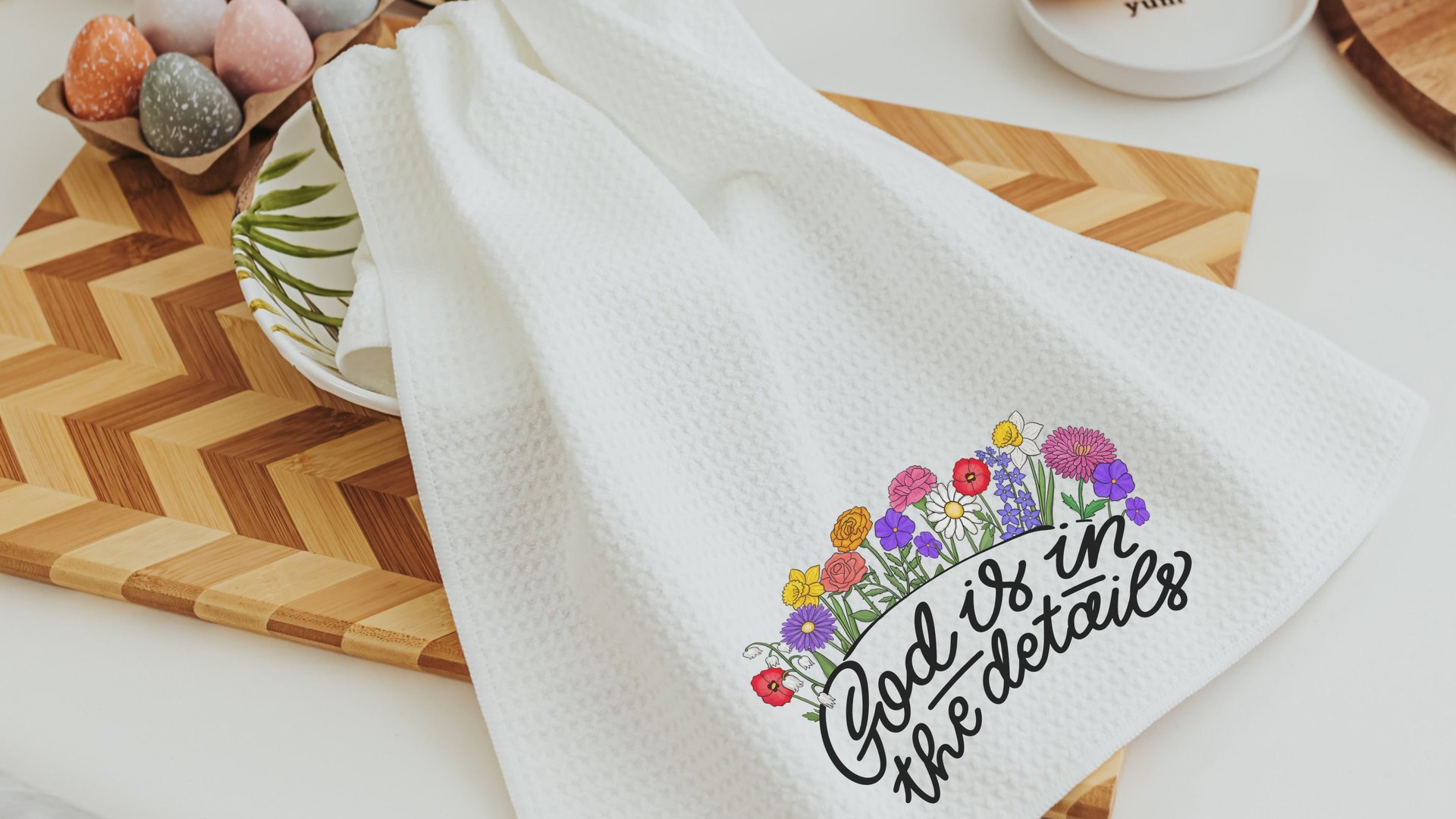 God is in the details wildflower kitchen towels for bridal shower, Christian kitchen finds, faith gifts for her, floral kitchen decor, guest