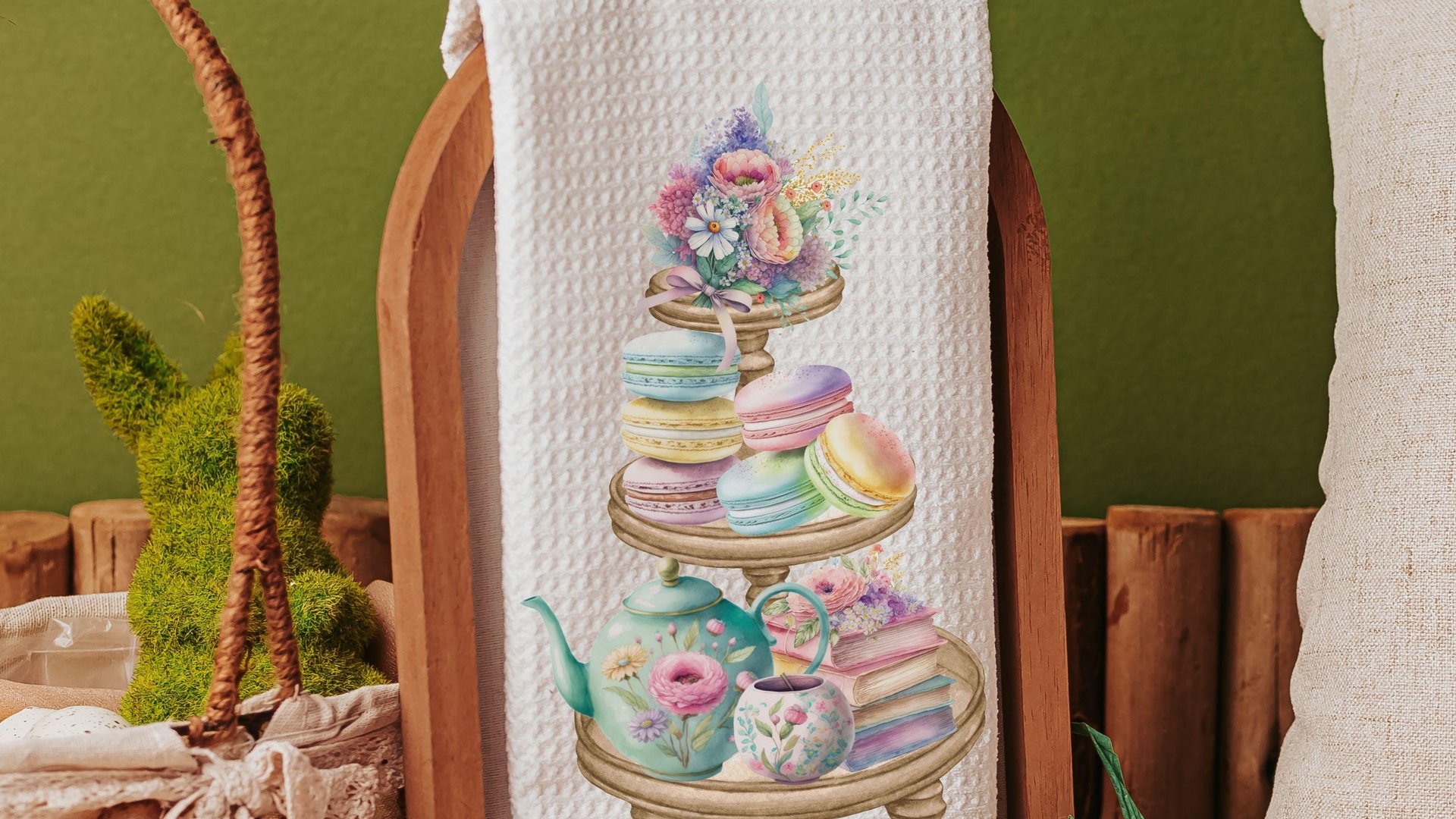 macaron cookies floral kitchen towels, pastel kitchen decor, garden party bridal shower gifts for bride, tea party hand towels for kitchen