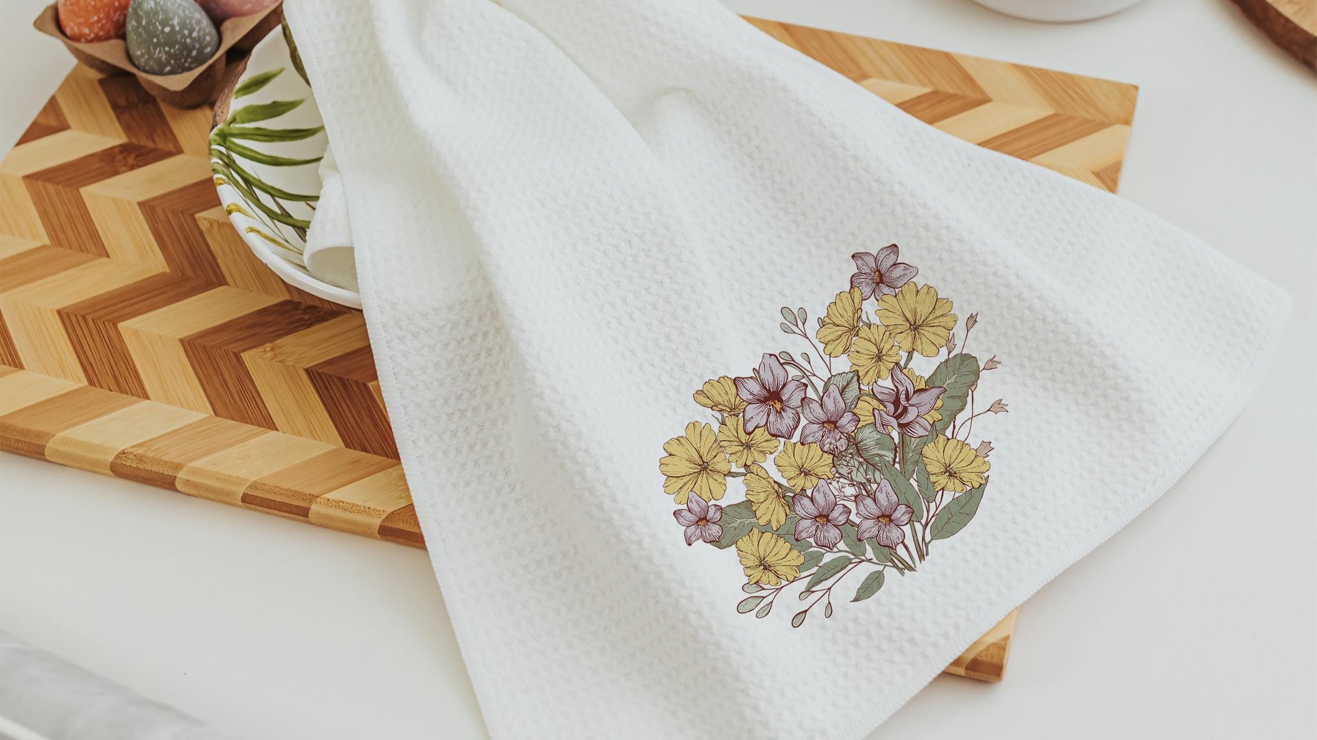 yellow primrose hand towels for cabin, February birth flower gift for friend birthday gifts for her, violet flower kitchen towels cottage