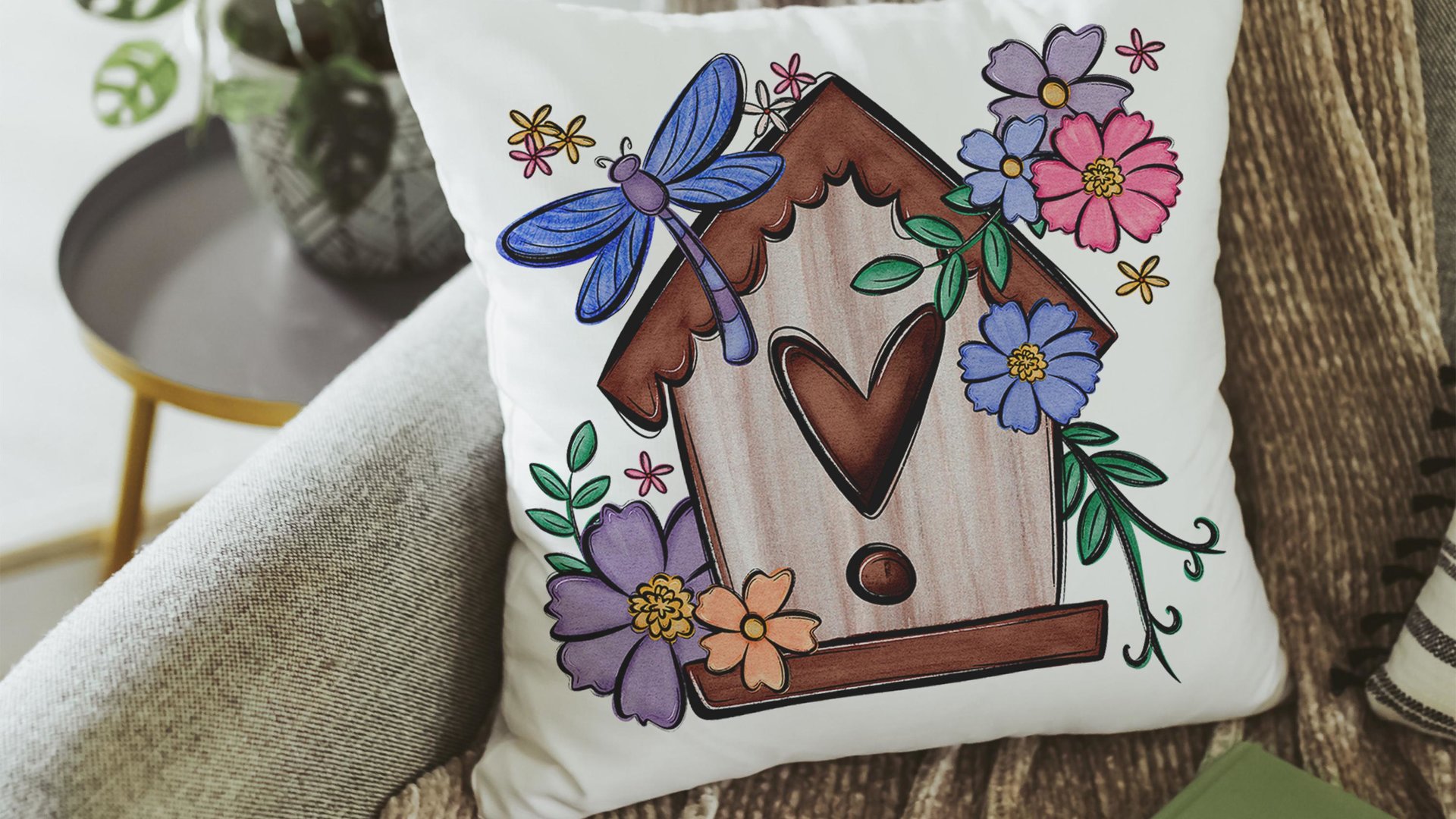 cute birdhouse floral throw pillow covers 18x18, bird lover gifts, Spring decor for home, bluebird kitchen towels for gifts, gardener gift