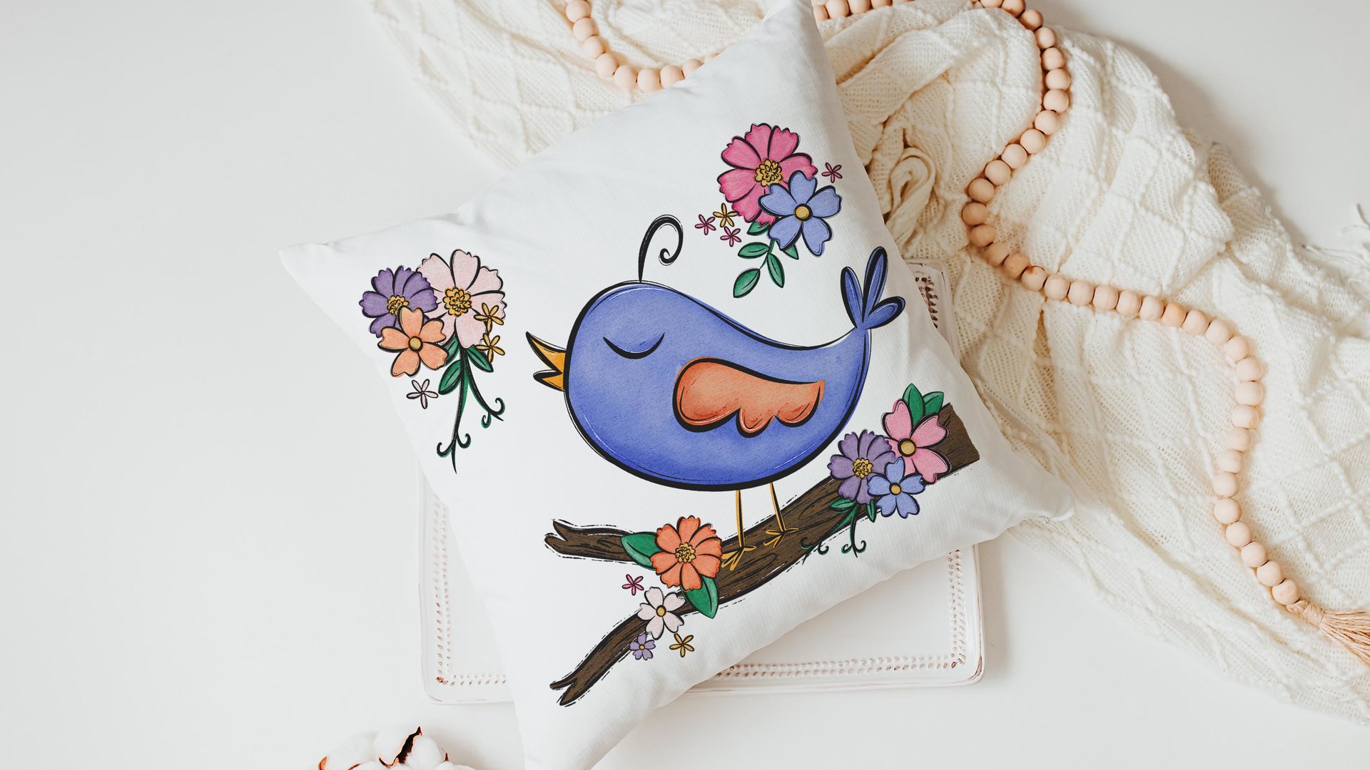 cute birdhouse floral throw pillow covers 18x18, bird lover gifts, Spring decor for home, bluebird kitchen towels for gifts, gardener gift