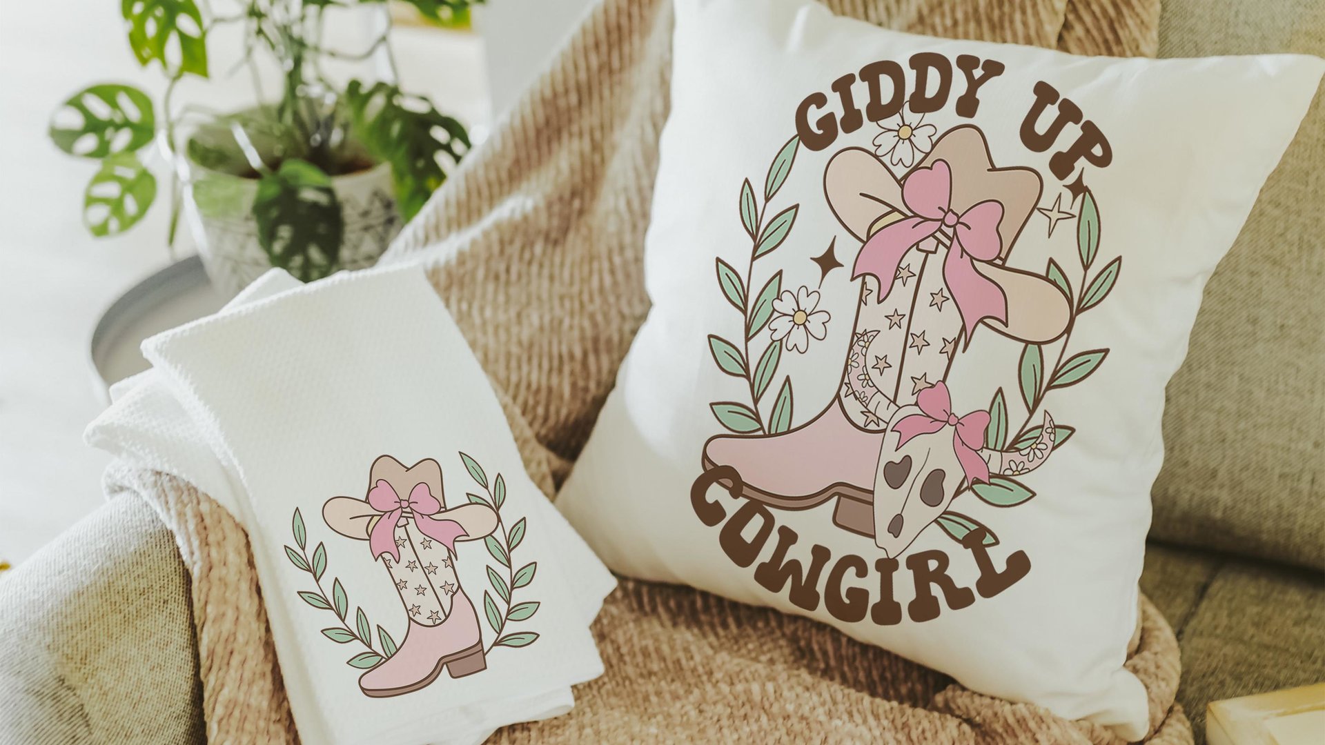 cowgirl coquette throw pillows for bed light pink western nursery decor girl, country girl kitchen towels for friends, cute Christmas gifts