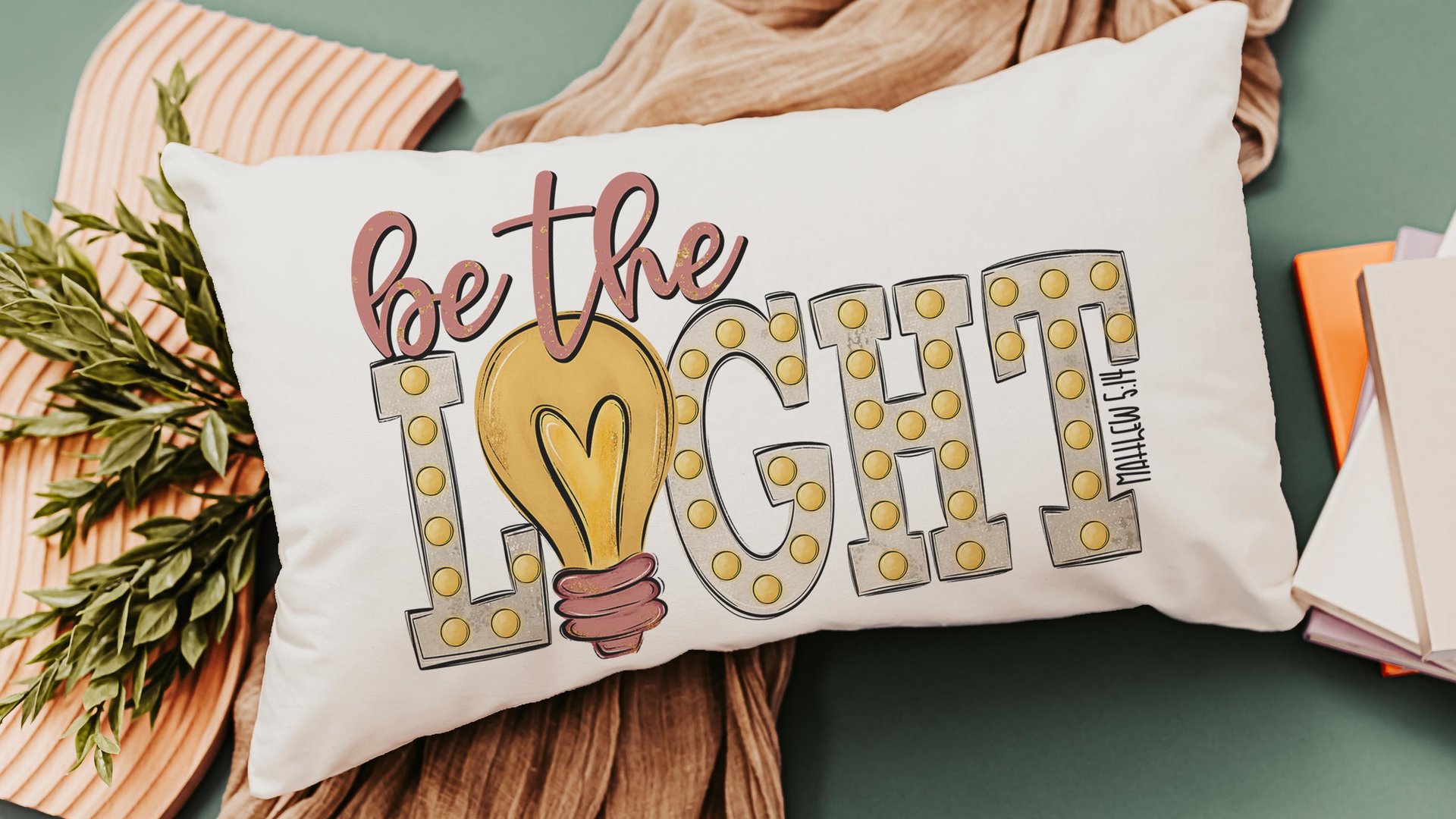 be the light inspirational Christian lumbar pillow covers 12 x 20, Matthew 5:14 Bible verse throw pillows for girls room, scripture gift for