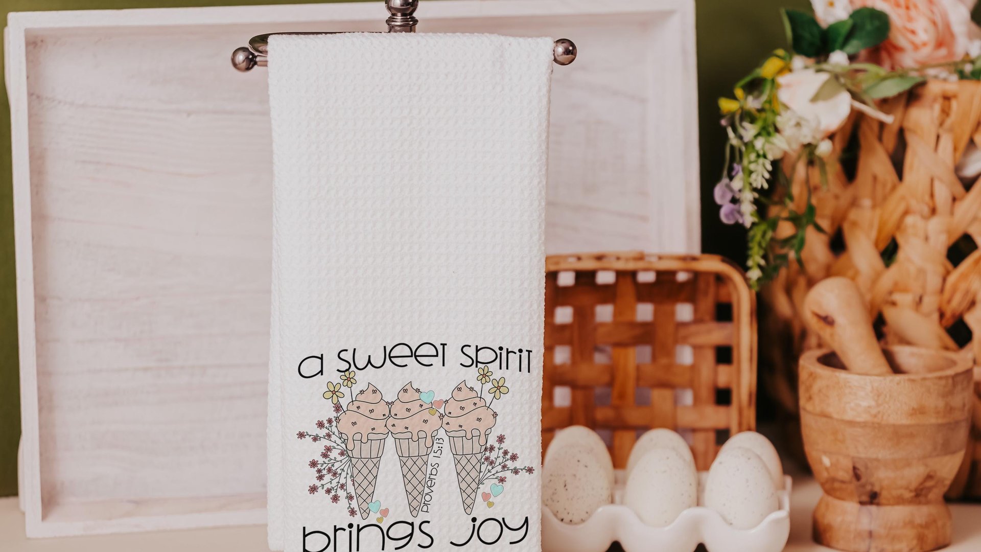 a sweet spirit brings joy ice cream kitchen towel, Christian gifts for best friends, faith based housewarming gifts for her, bathroom hand