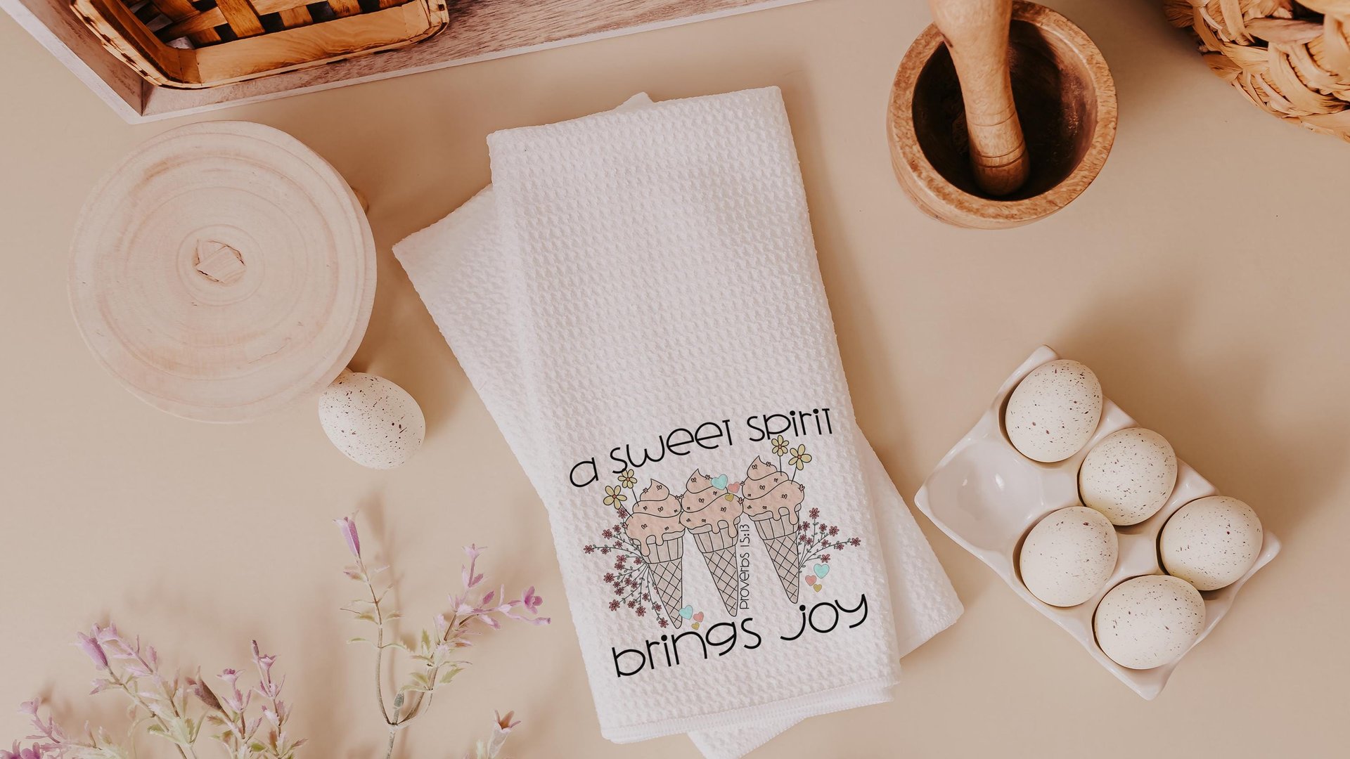 a sweet spirit brings joy ice cream kitchen towel, Christian gifts for best friends, faith based housewarming gifts for her, bathroom hand