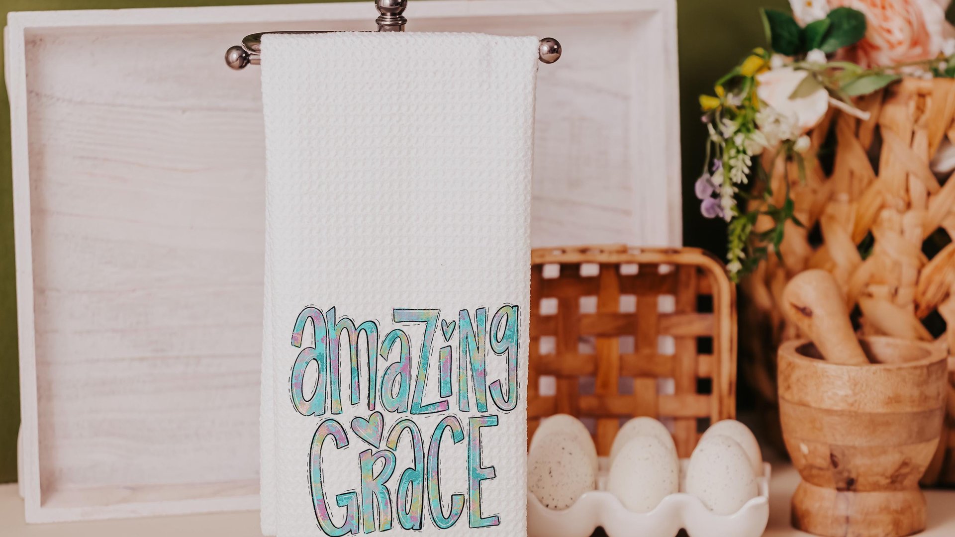 amazing grace watercolor kitchen towels, Christian gifts for daughter, faith based housewarming gifts for best friends, powder room decor