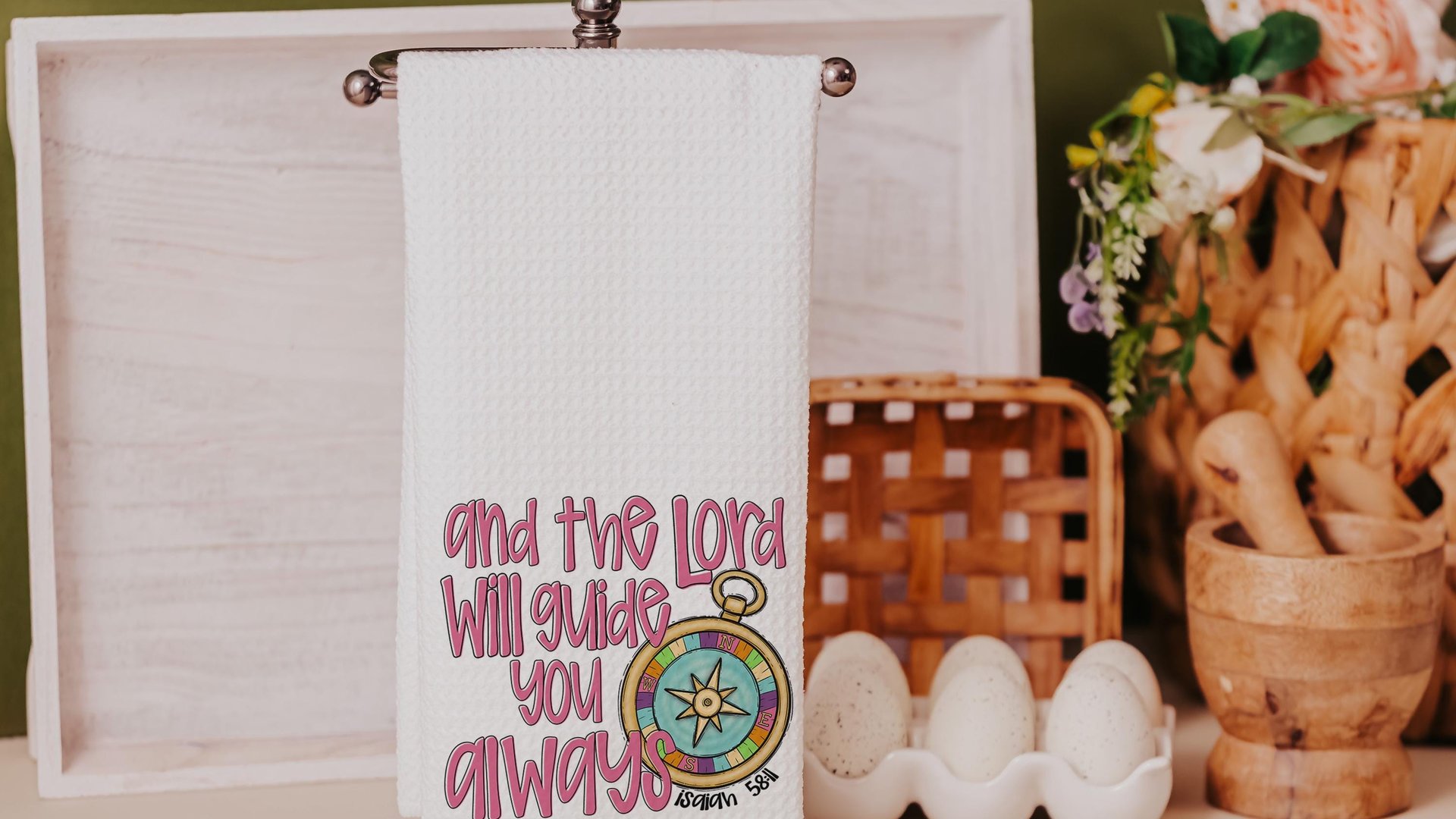 the Lord will guide you Isaiah 58:11 scripture kitchen towels, faith gifts for home, Bible verse Christian gifts for women sisters in Christ