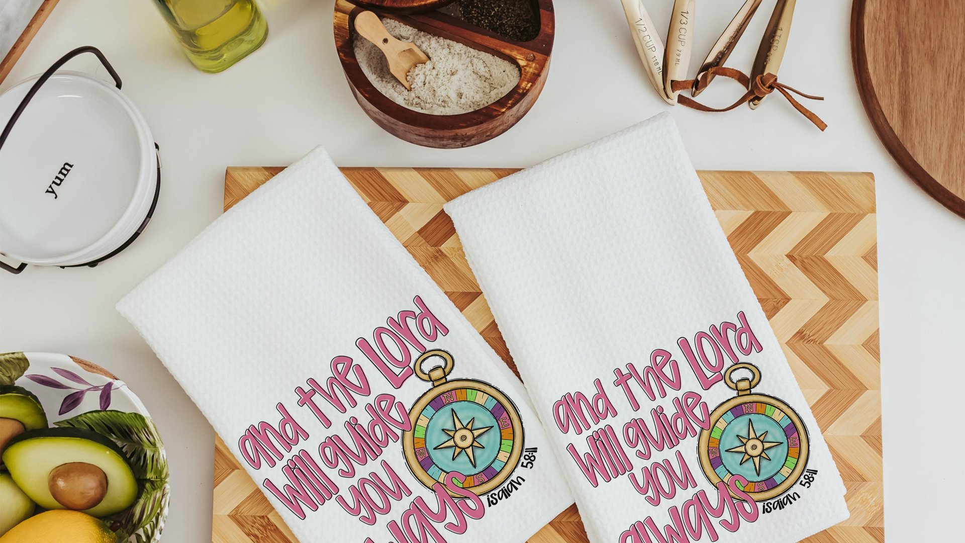 the Lord will guide you Isaiah 58:11 scripture kitchen towels, faith gifts for home, Bible verse Christian gifts for women sisters in Christ