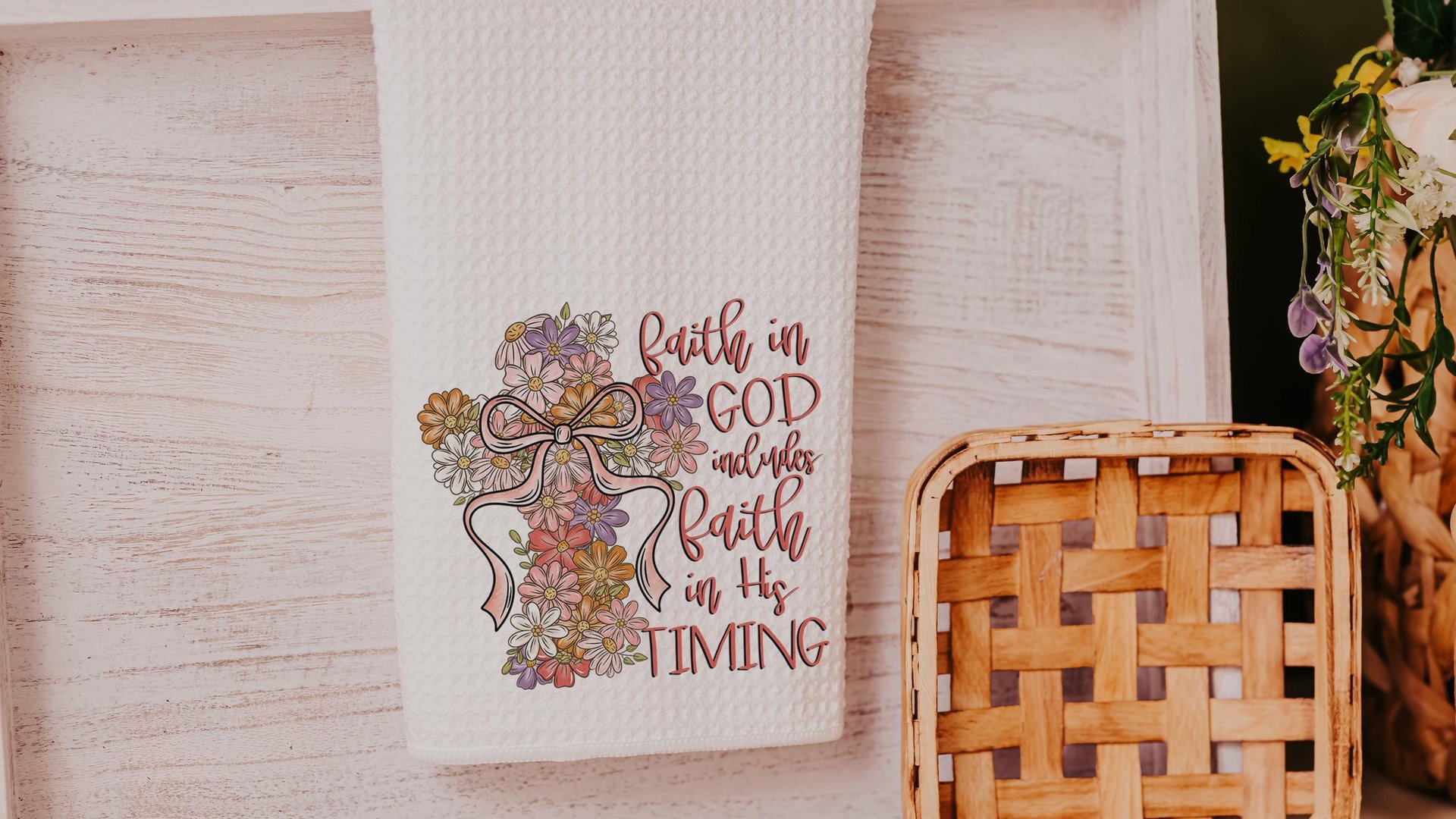 floral cross kitchen towel, faith in God LDS decor, Christian gifts for friends, faith based housewarming gifts for women, guest bathroom
