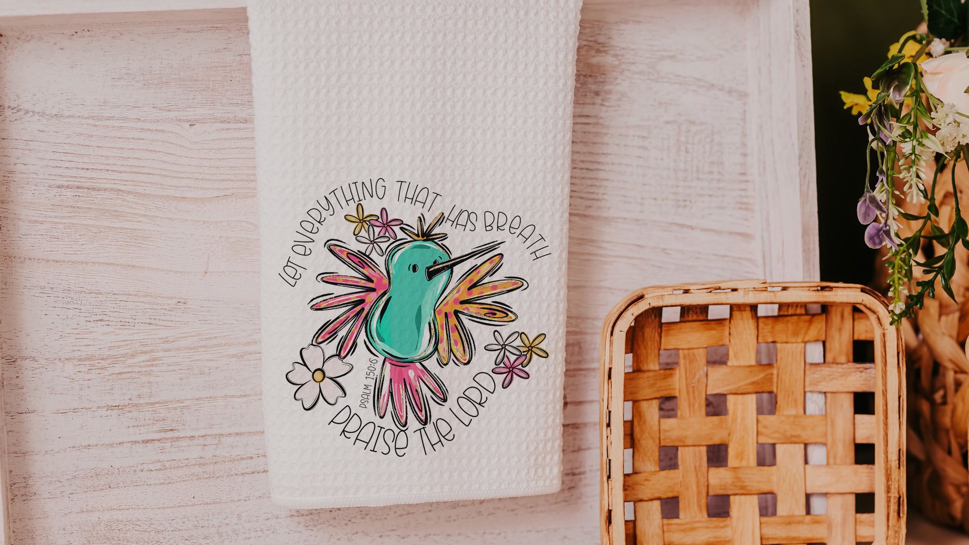 let everything that has breath praise the Lord Bible verse kitchen towel, Psalm 150:6 scripture kitchen decor, cute hummingbird Christian