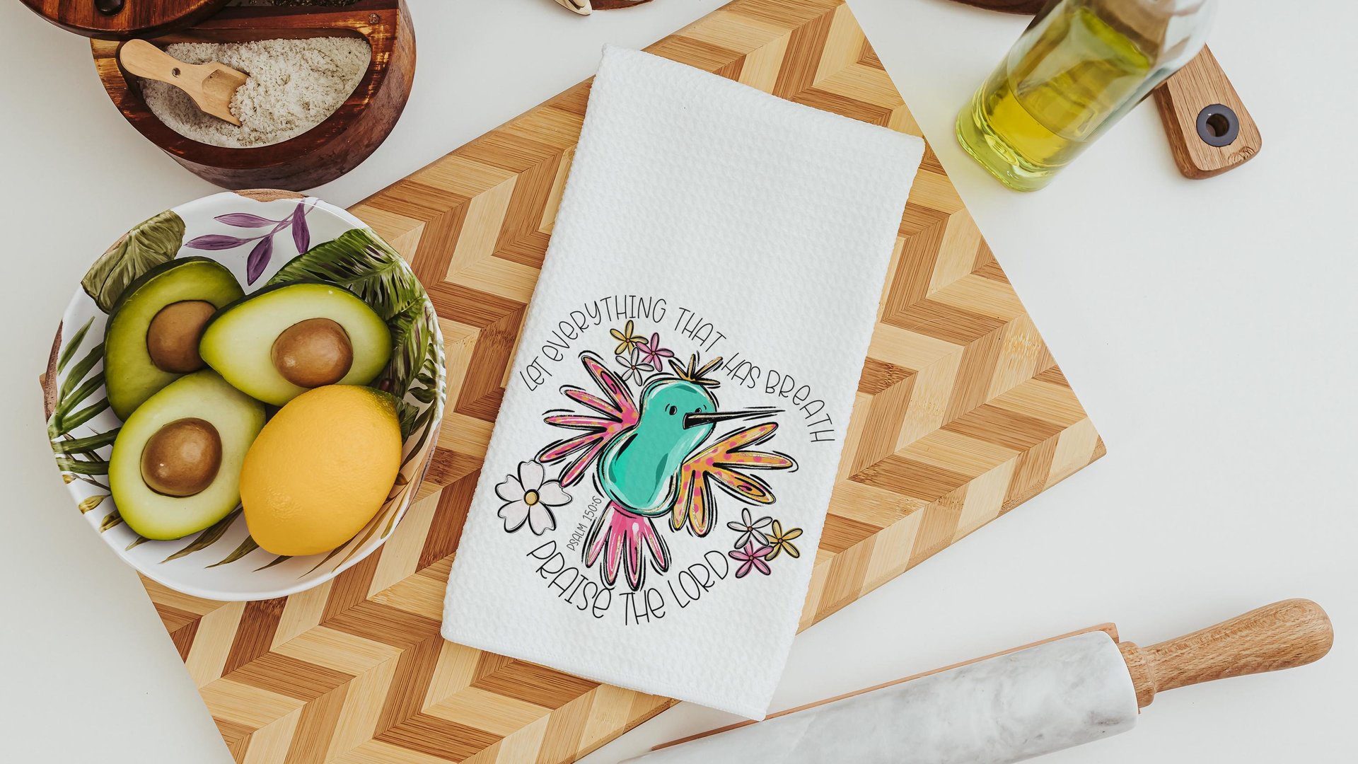 let everything that has breath praise the Lord Bible verse kitchen towel, Psalm 150:6 scripture kitchen decor, cute hummingbird Christian