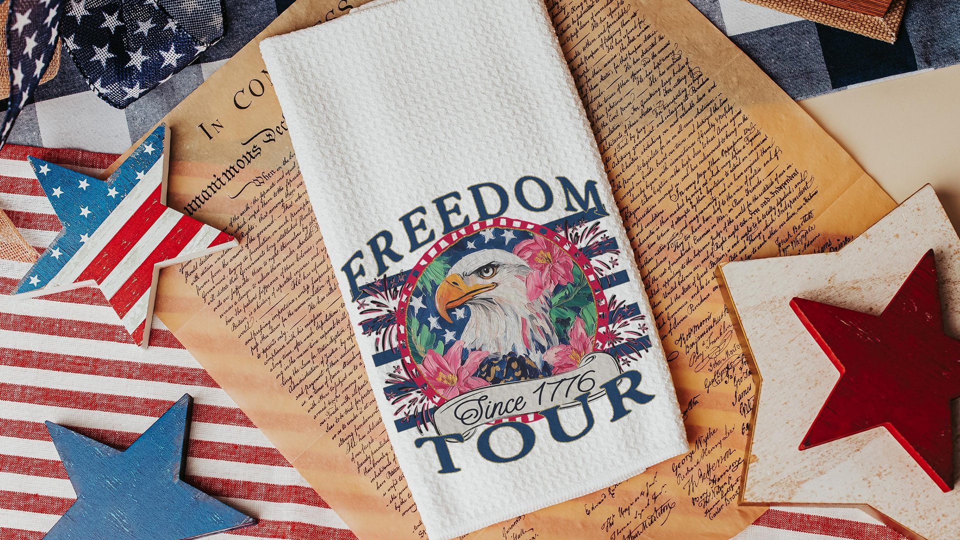 bald eagle freedom tour throw pillows for porch, Americana decor with pink floral 4th of July kitchen towels, patriotic gifts for women