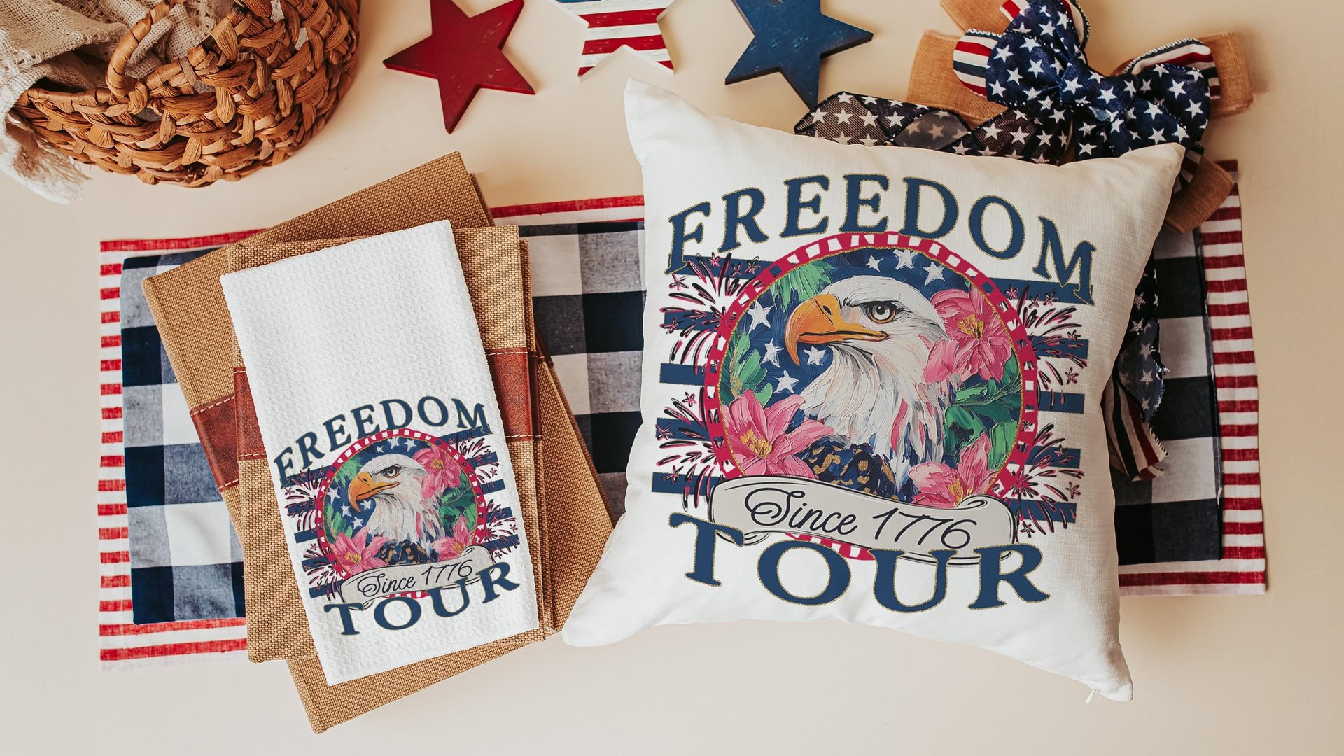 bald eagle freedom tour throw pillows for porch, Americana decor with pink floral 4th of July kitchen towels, patriotic gifts for women