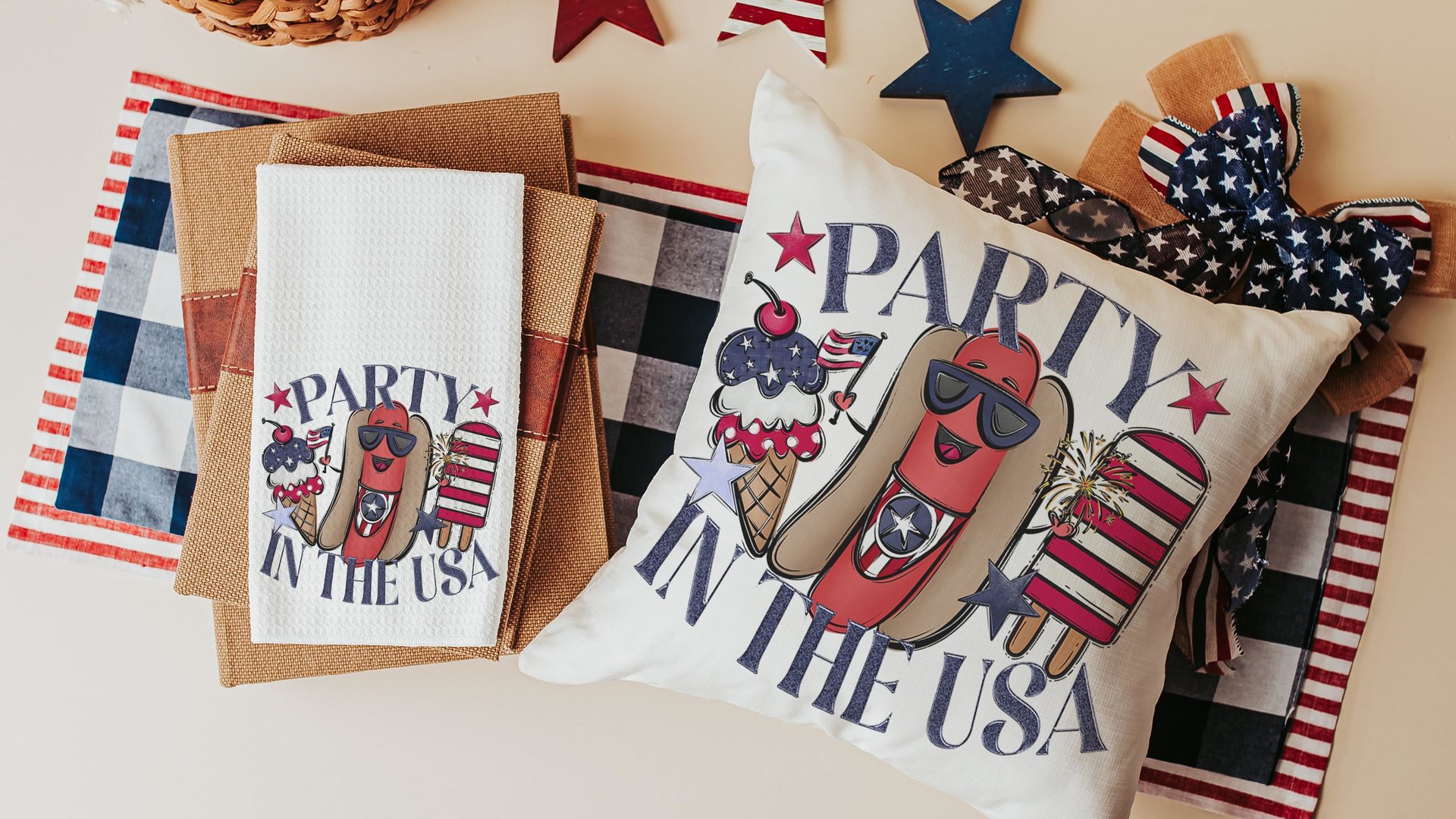 party in the USA 4th of July throw pillows for porch swing, American hot dog funny accent pillow covers 18x18, patriotic gifts for women