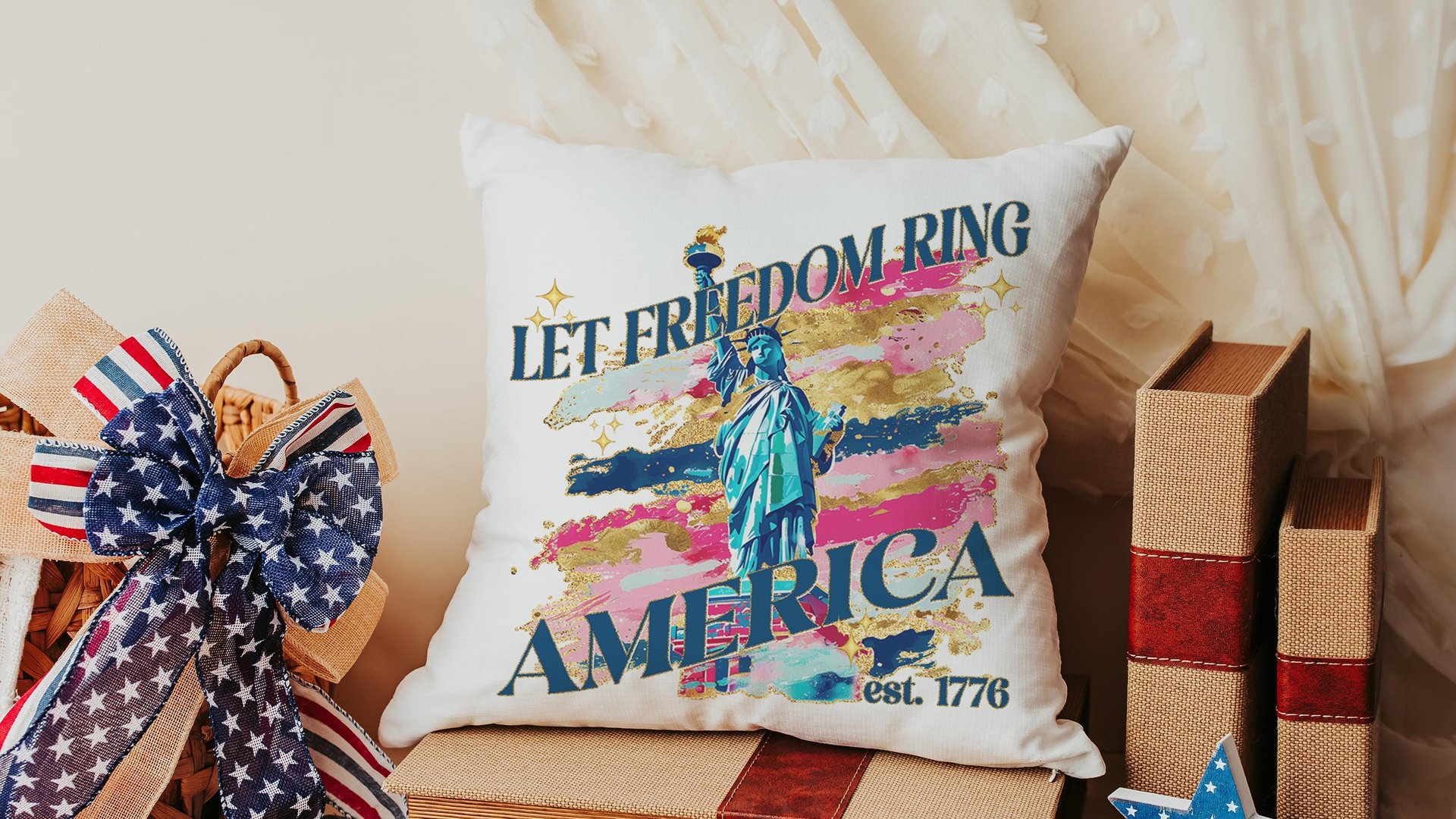 let freedom ring throw pillows for porch swing, Americana decor with pink 4th of July kitchen towels, military mom gifts, America est 1776
