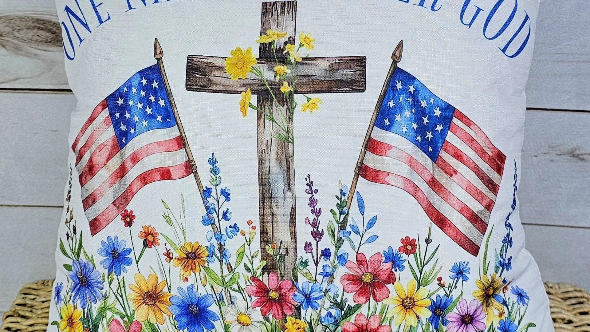 one nation under God American flag decorative pillows for couch, 4th of July wildflower throw pillow home decor, patriotic gifts for women