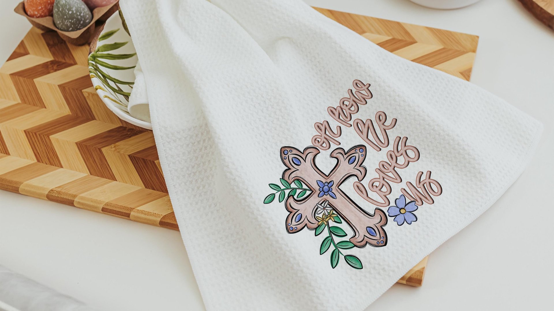 oh how he loves us Christian kitchen towels wedding gifts for godchild, faith gift for her, floral hand towels for bathroom, prayer warrior