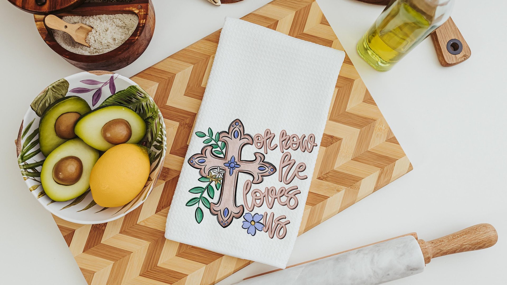 oh how he loves us Christian kitchen towels wedding gifts for godchild, faith gift for her, floral hand towels for bathroom, prayer warrior