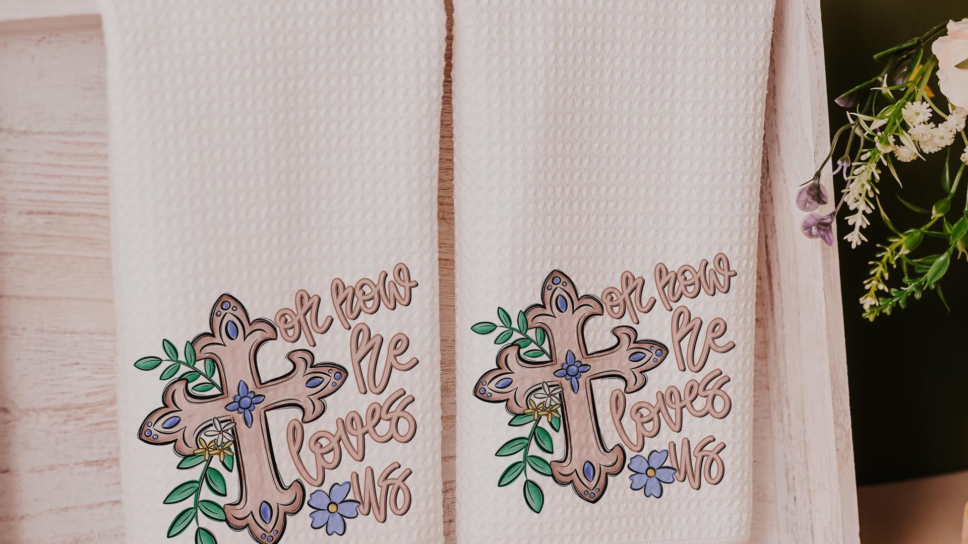 oh how he loves us Christian kitchen towels wedding gifts for godchild, faith gift for her, floral hand towels for bathroom, prayer warrior