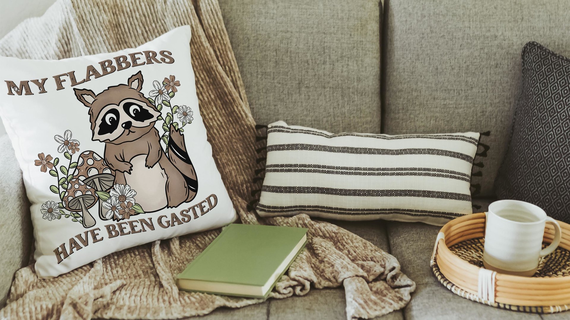 my flabbers have been gasted funny throw pillows for couch, cute but feral raccoon gift for women, college dorm decor for girls, snarky