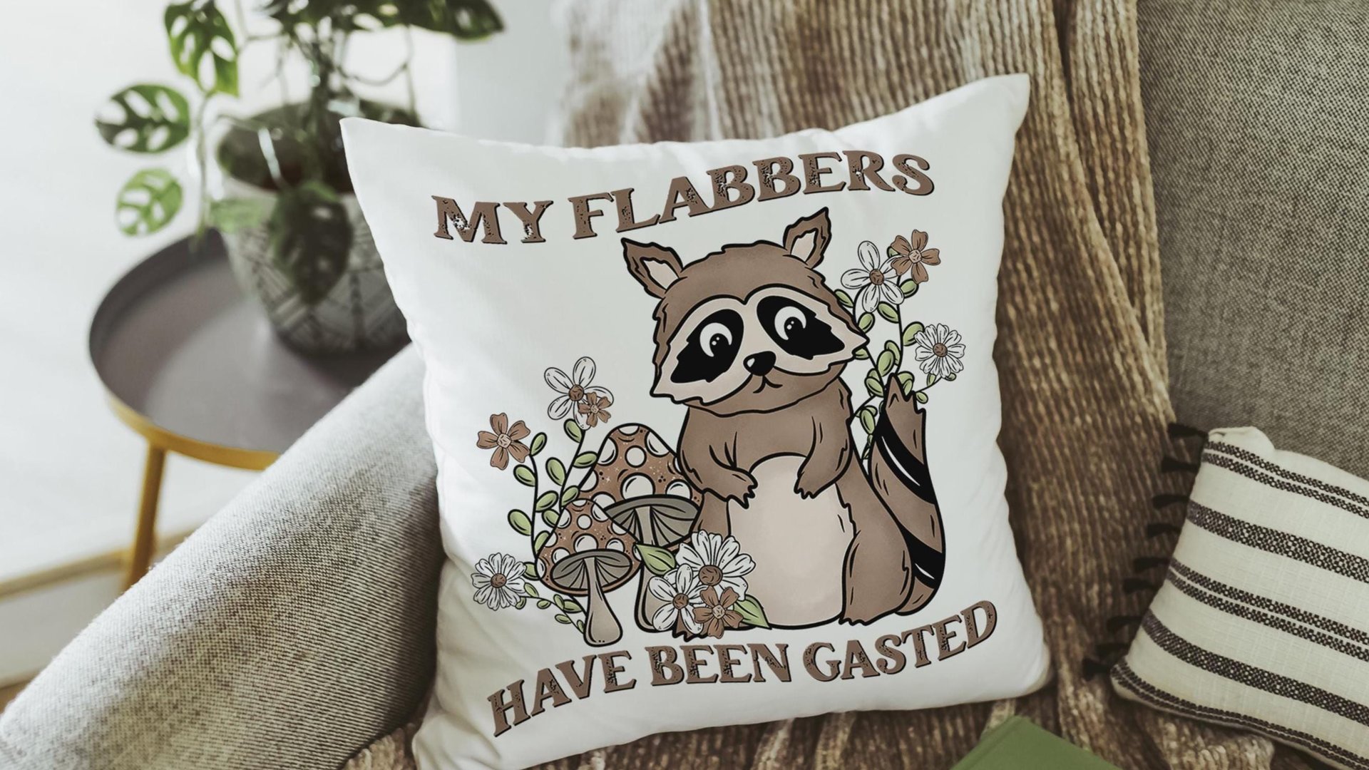 my flabbers have been gasted funny throw pillows for couch, cute but feral raccoon gift for women, college dorm decor for girls, snarky